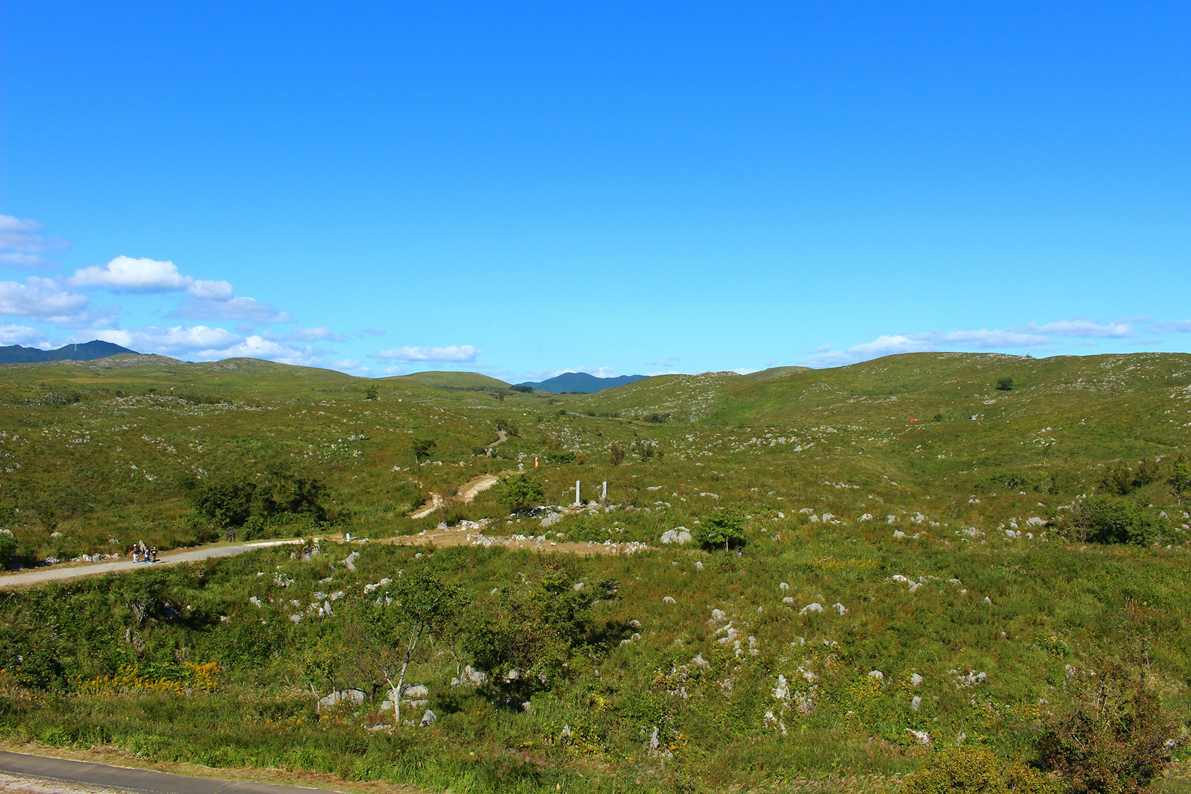 Paysage de collines ondulantes sous un ciel bleu avec une route sinueuse