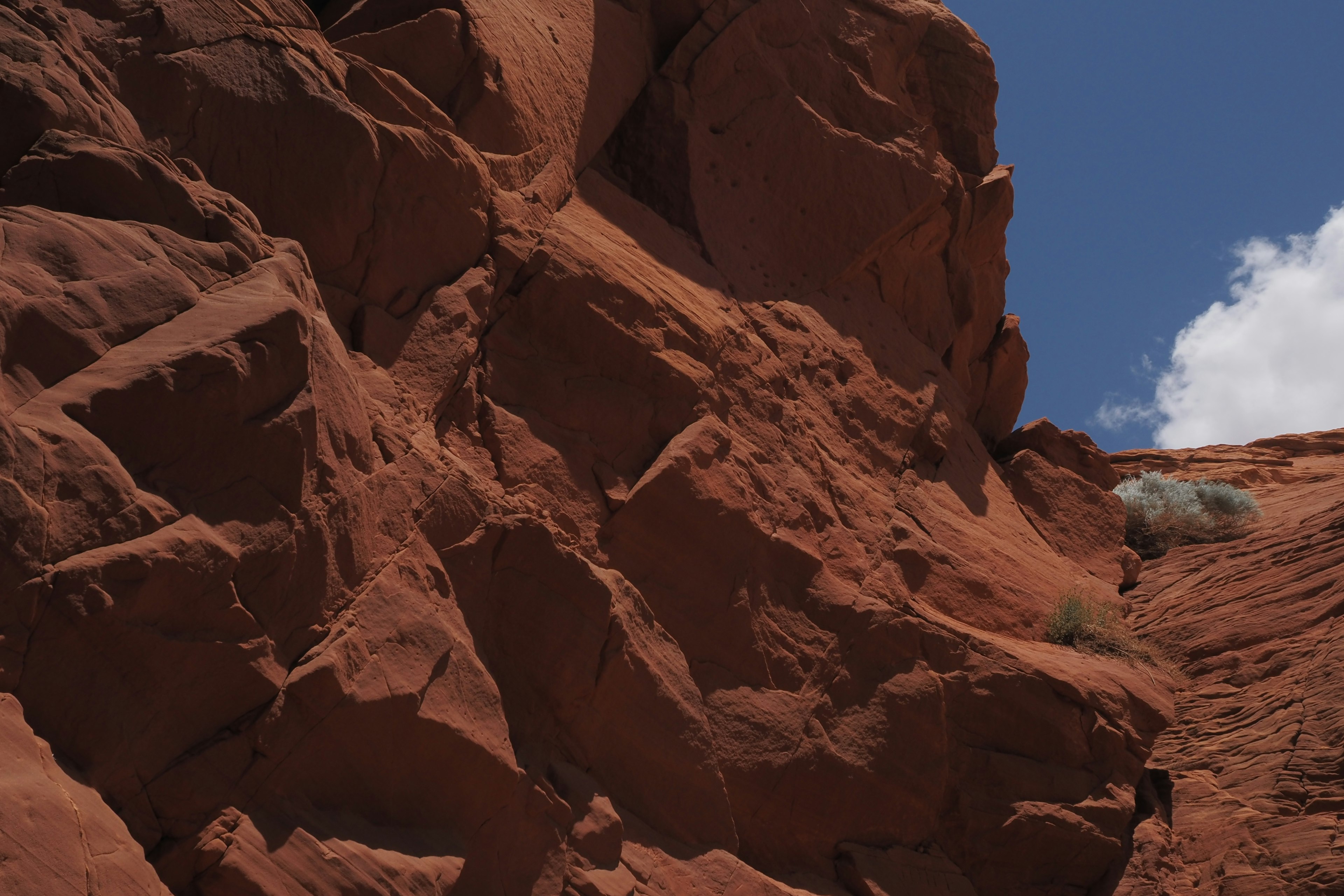 Close-up of red rock formations with distinct textures against a bright blue sky