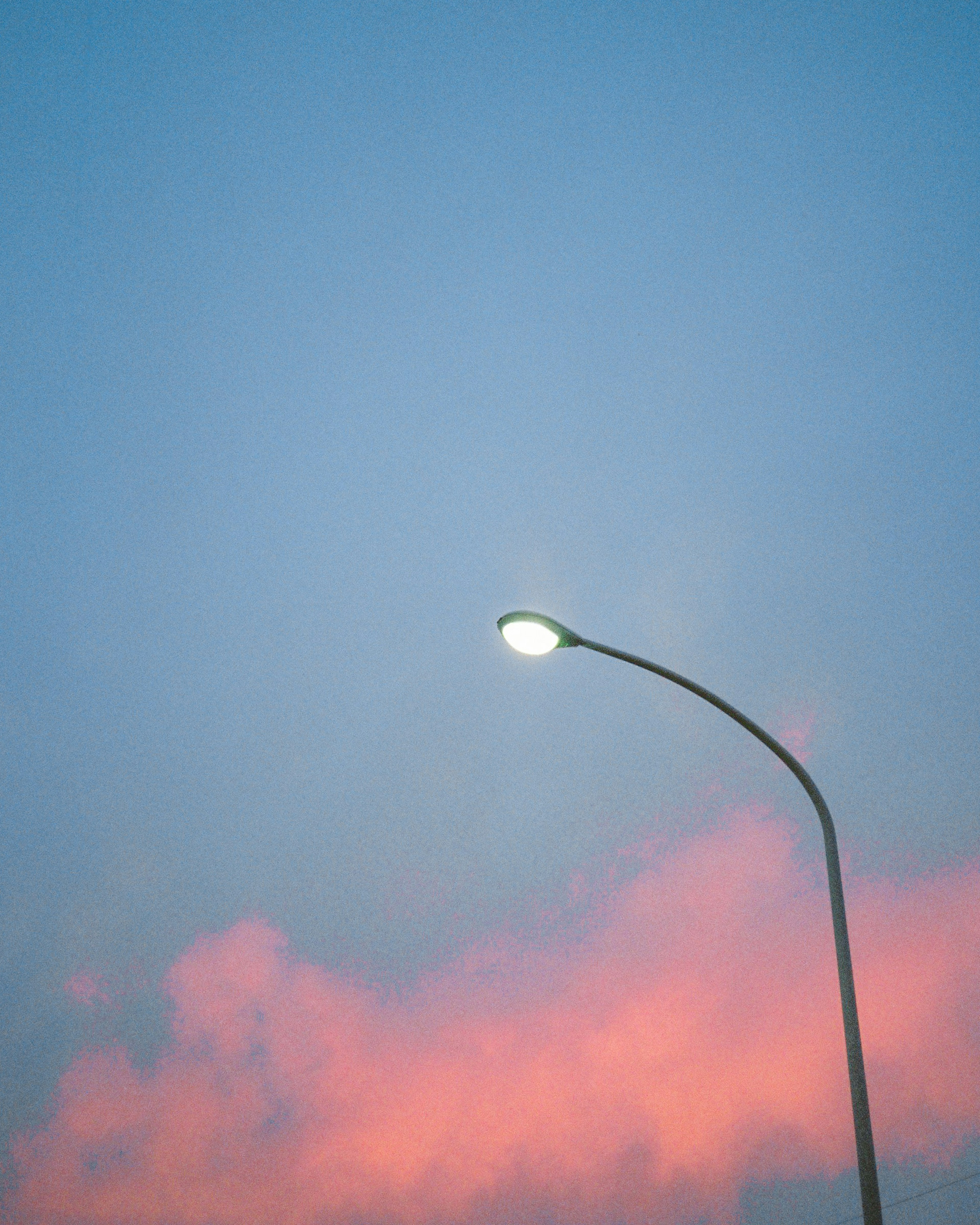 Silhouette of a streetlight against a blue sky with soft pink clouds