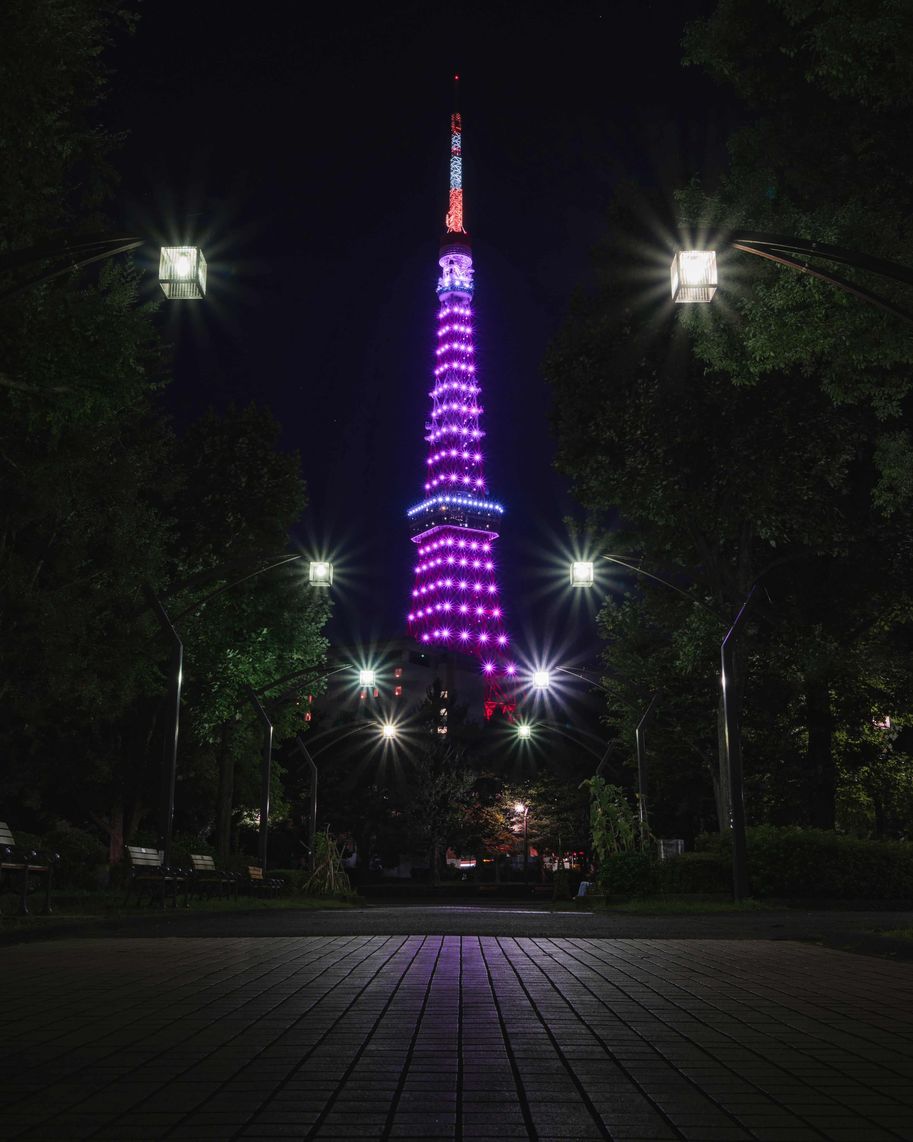 東京タワーが夜に紫色にライトアップされている様子