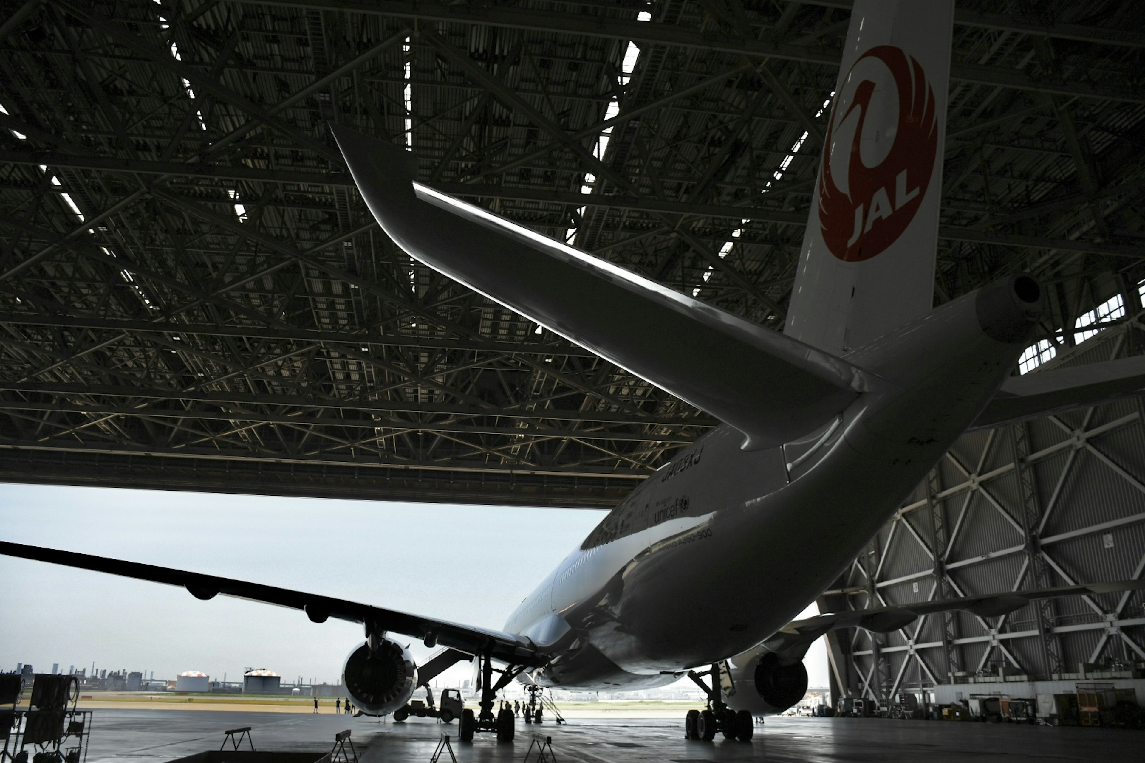 An airplane waiting inside a hangar