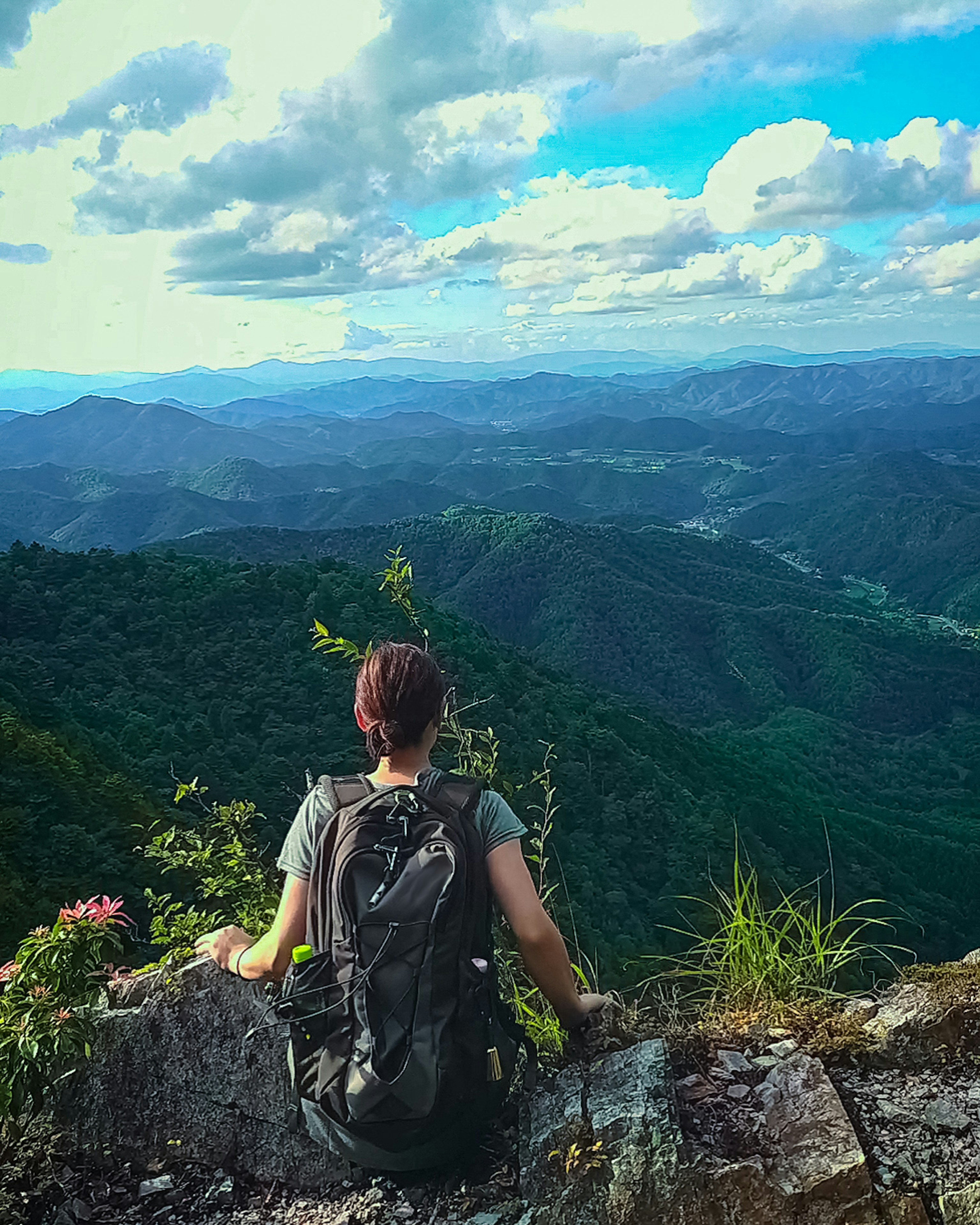 Hiker enjoying a breathtaking view of lush green mountains