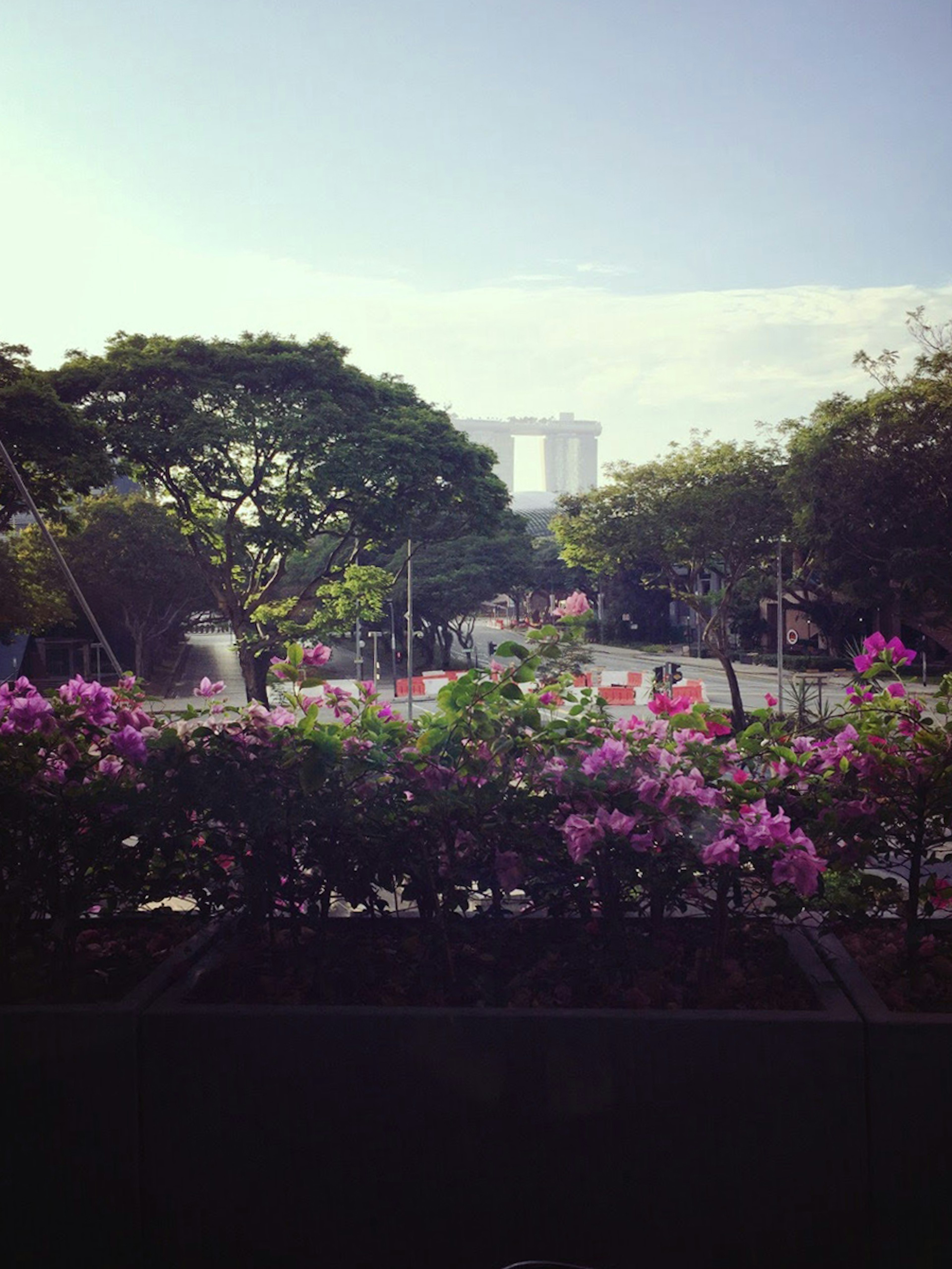 Vista escénica de un parque exuberante con flores coloridas y un monumento a lo lejos