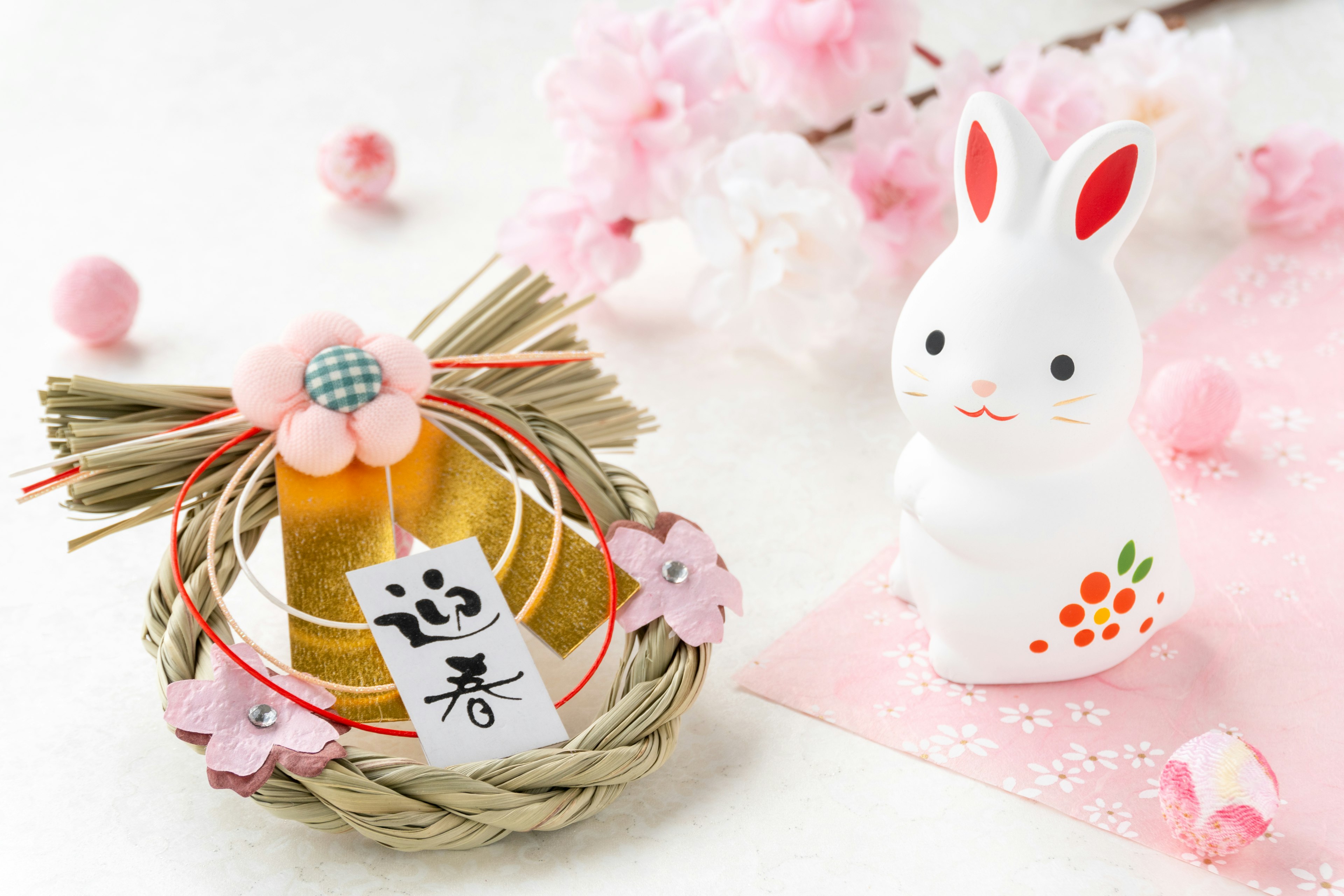 Cute rabbit figurine and decorative item with cherry blossoms