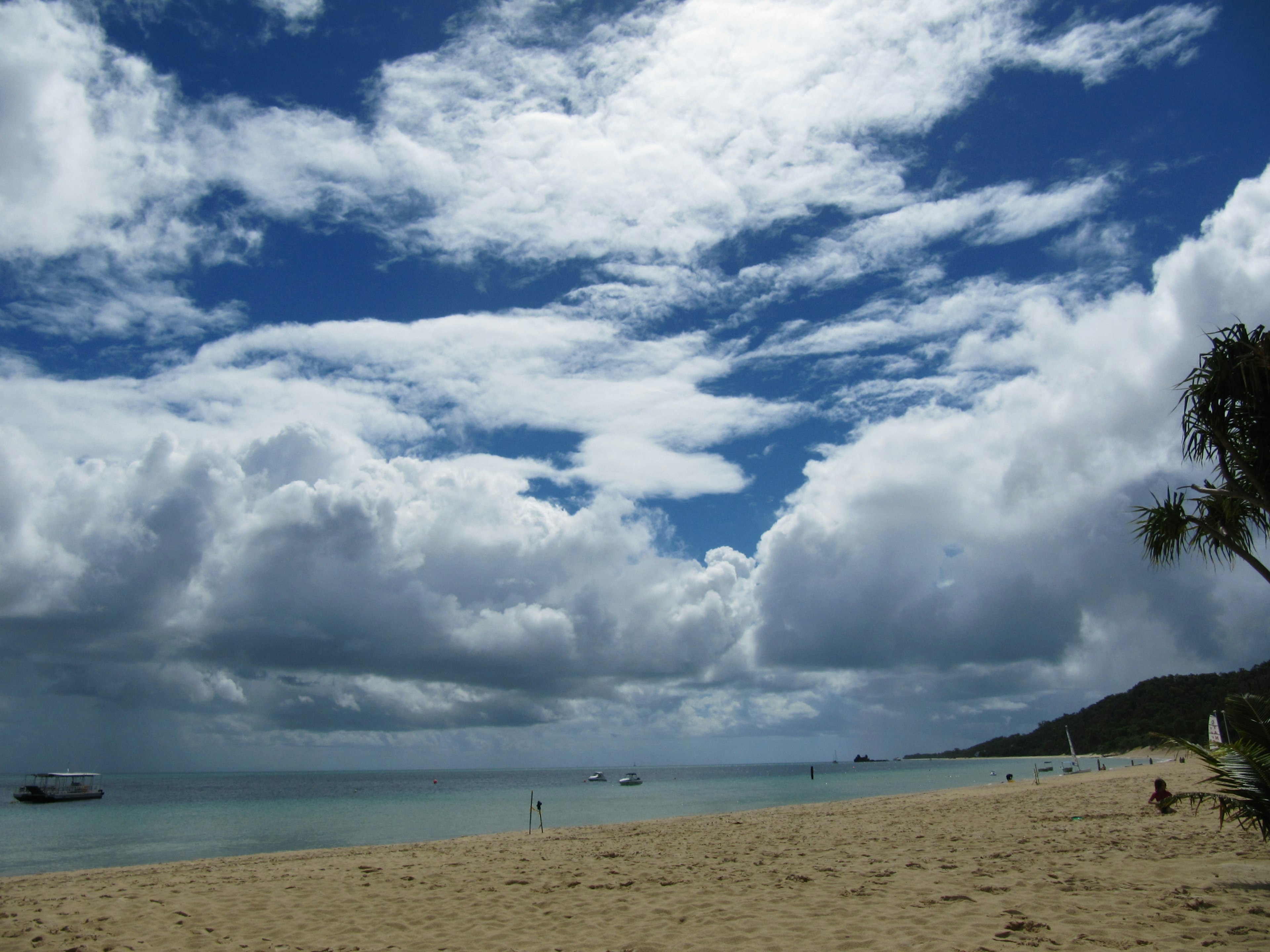 Scenic beach view with blue sky and fluffy white clouds