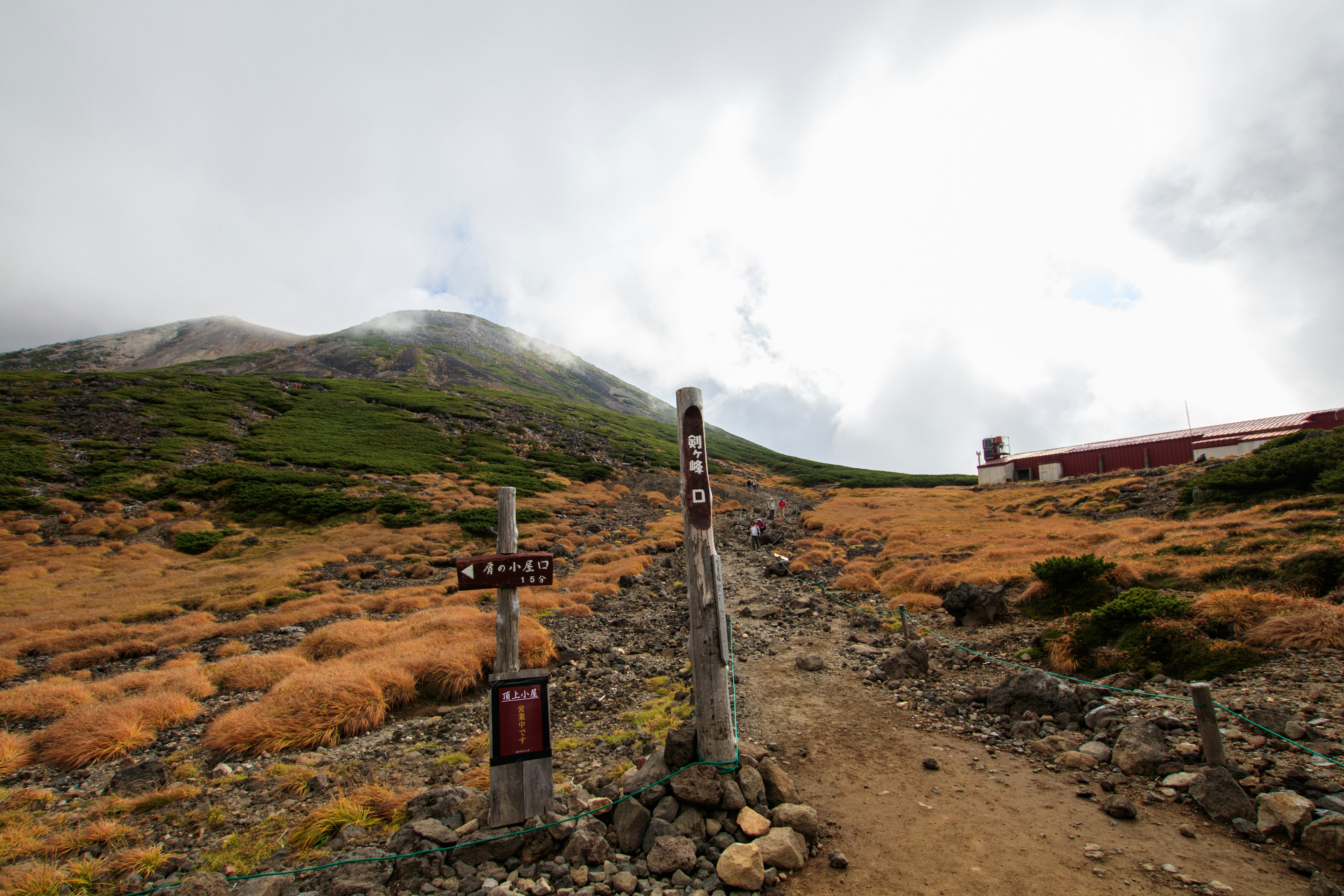 Panneau de sentier de montagne et paysage herbeux