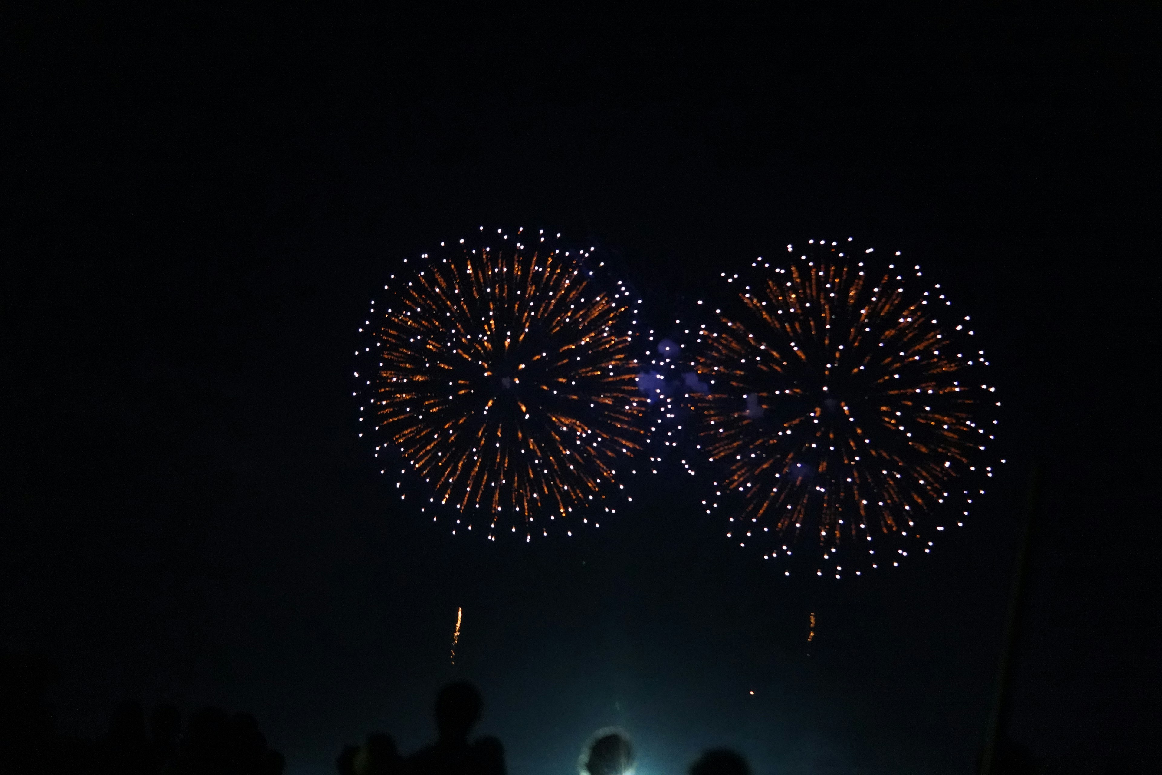 Spettacolo di fuochi d'artificio nel cielo notturno due grandi fuochi d'artificio esplodono simultaneamente