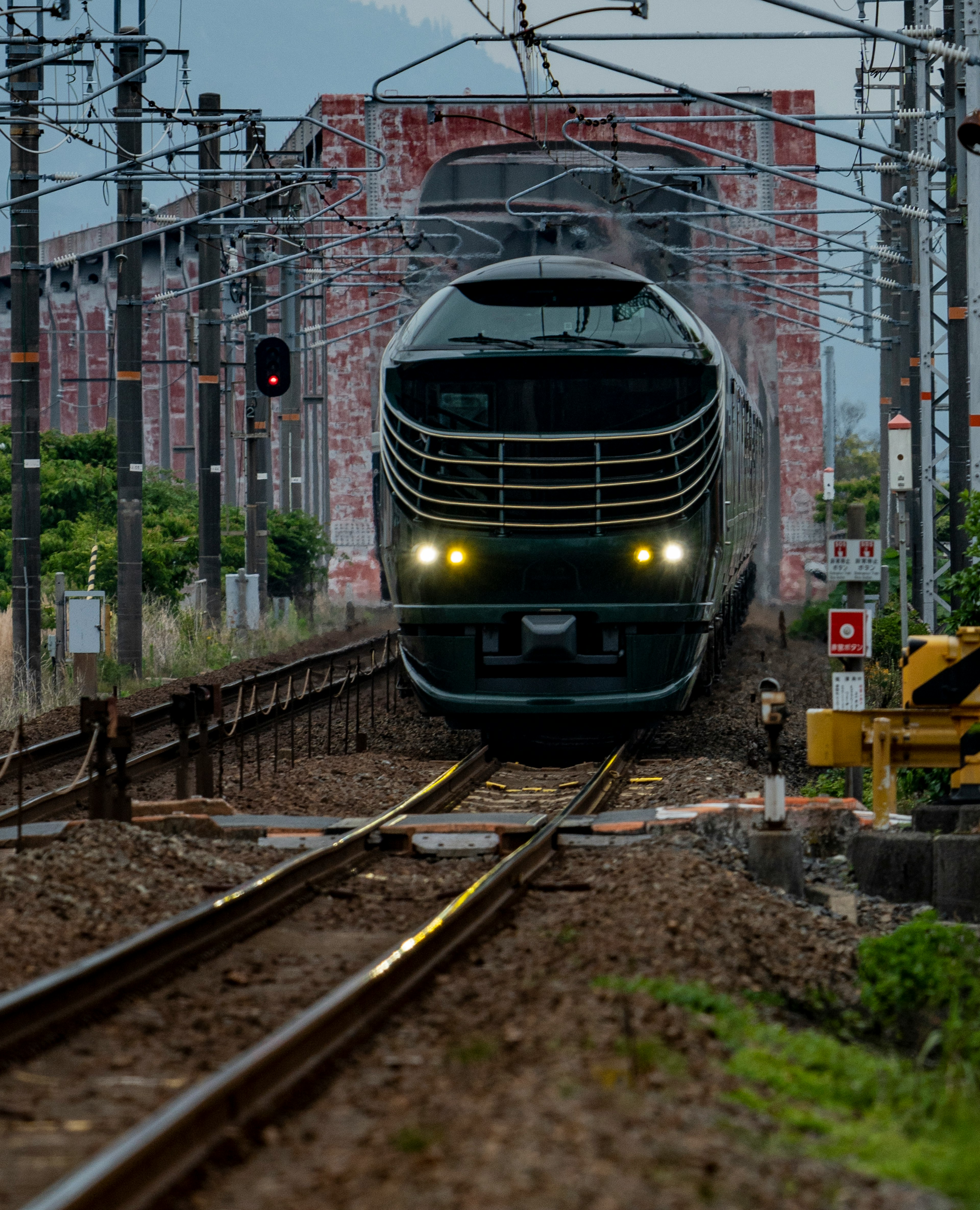 Un treno in avvicinamento su binari con segnali e vegetazione visibili