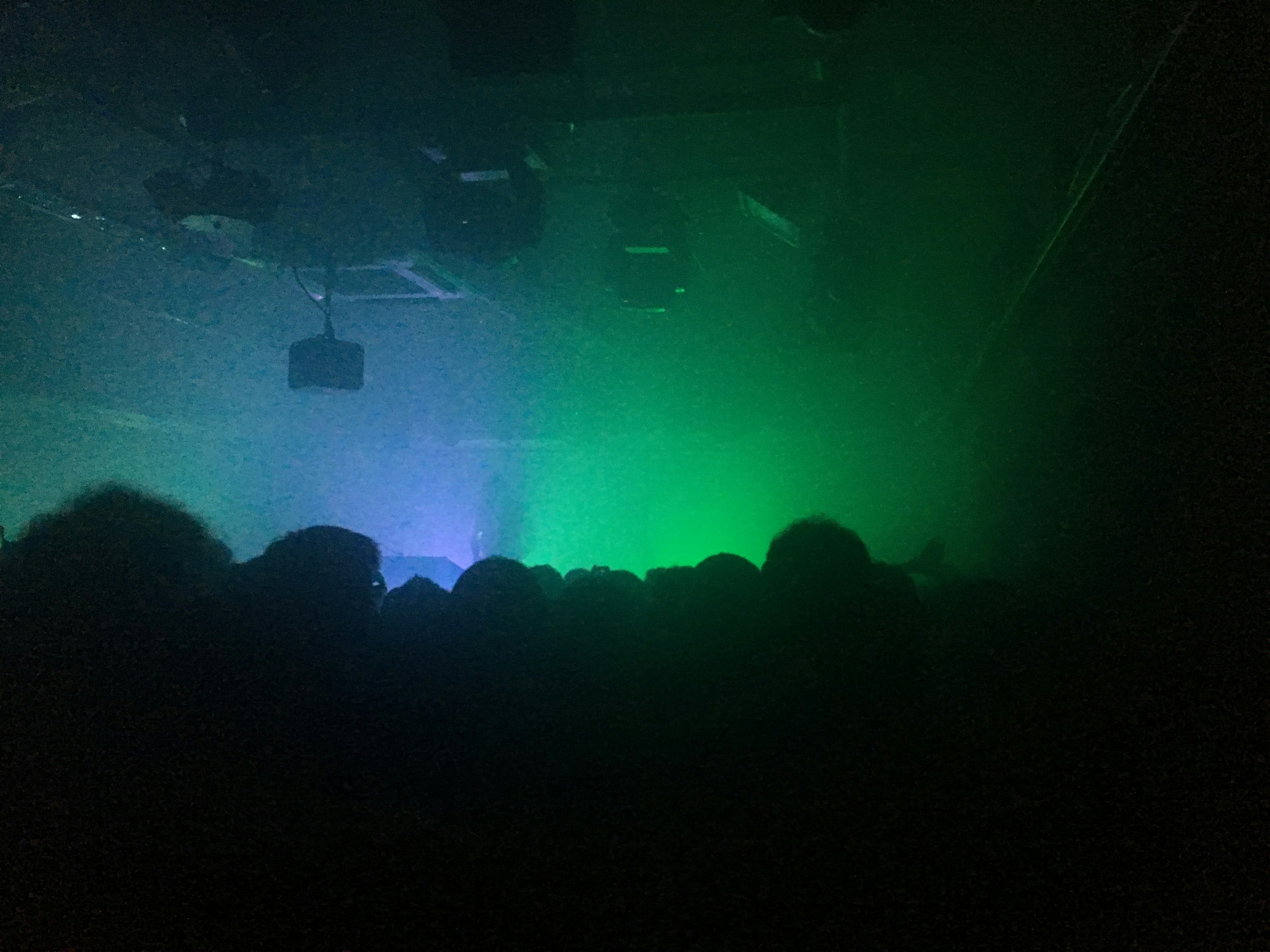 Silhouettes of an audience in a dark venue with green and blue lighting effects