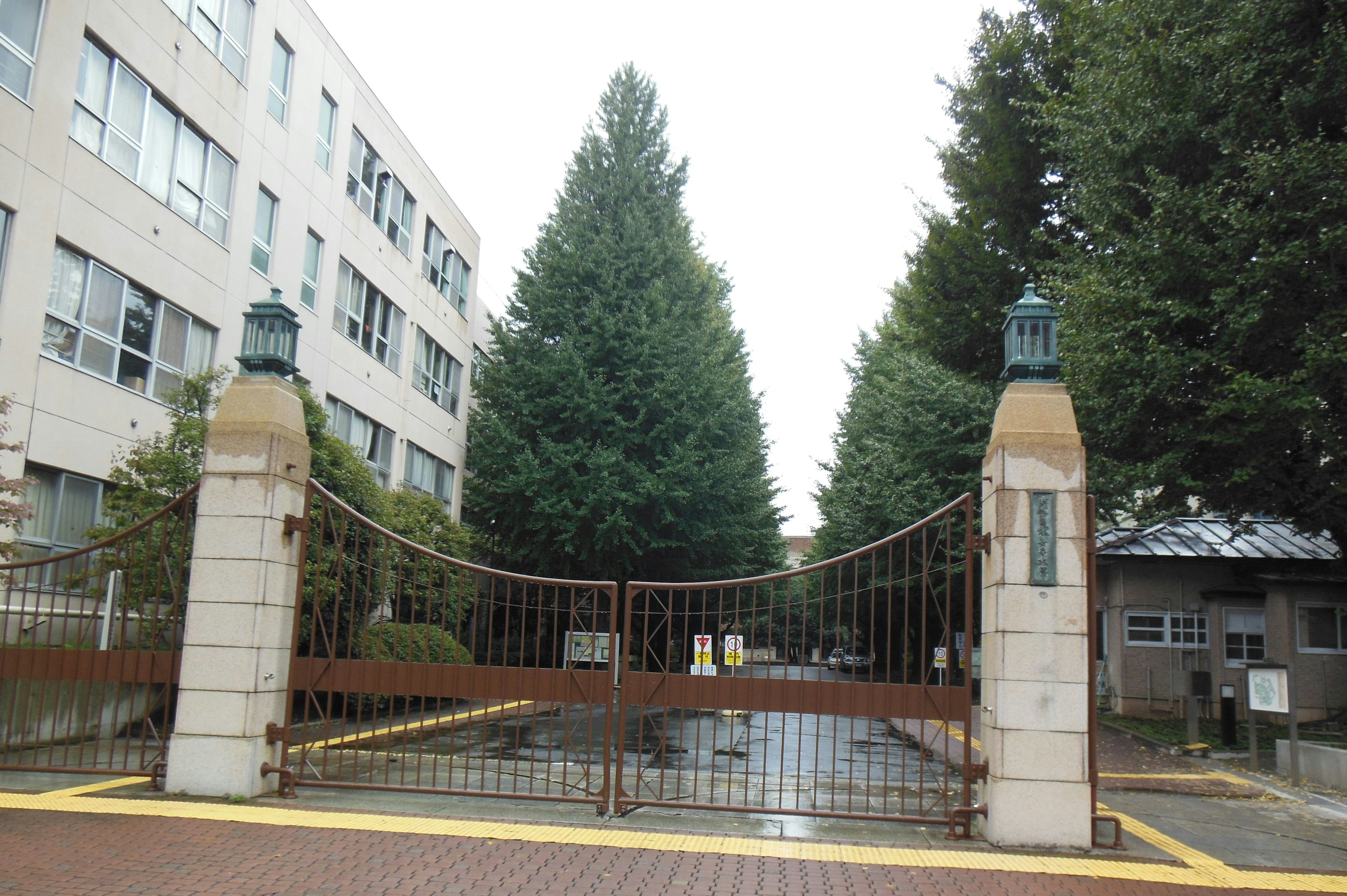 Eingangstor einer Schule, flankiert von hohen Bäumen