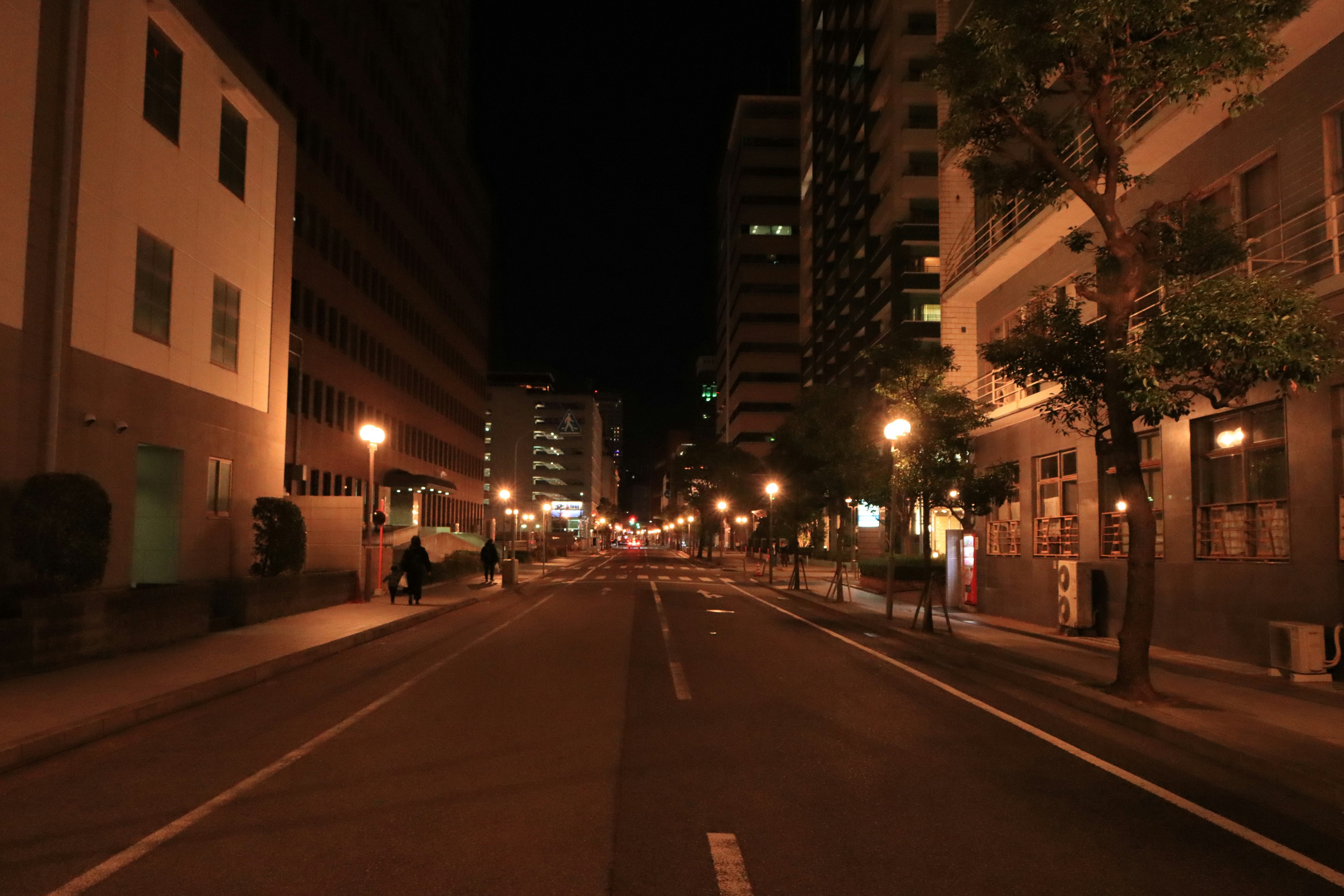 Una escena de calle tranquila por la noche con edificios y farolas