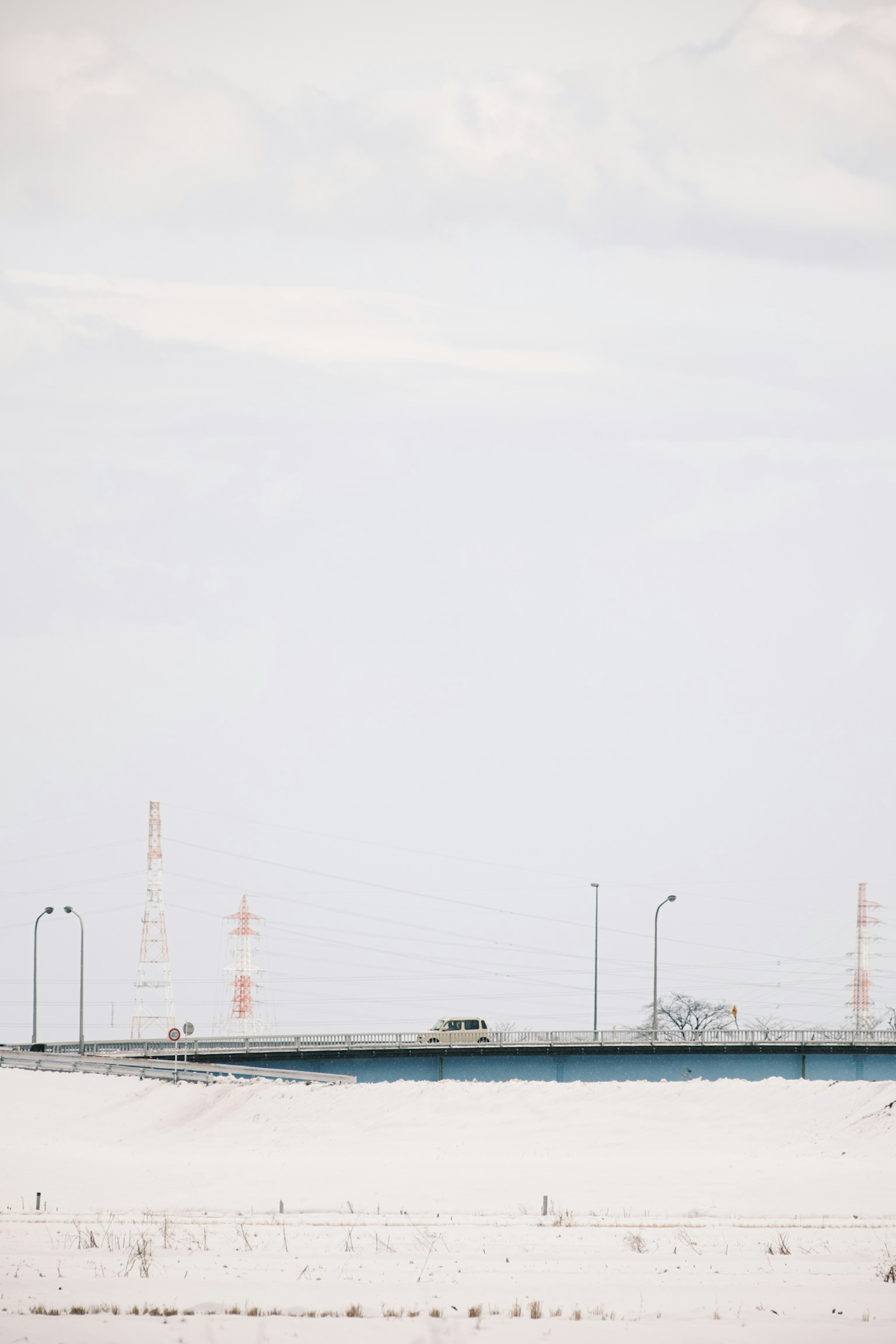 A tranquil landscape featuring a blue bridge and distant structures