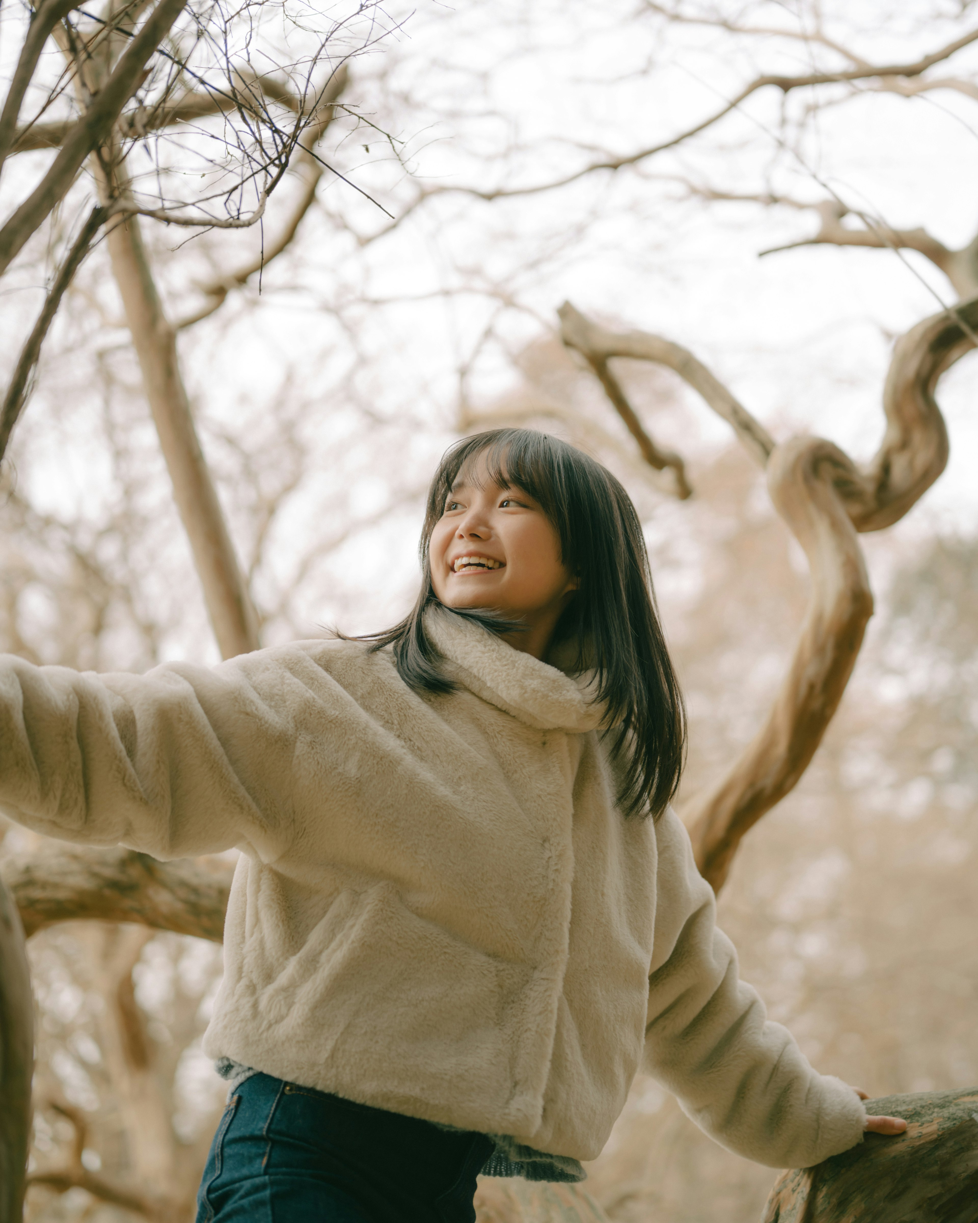 木の間で微笑む少女がいる暖かい色合いの写真