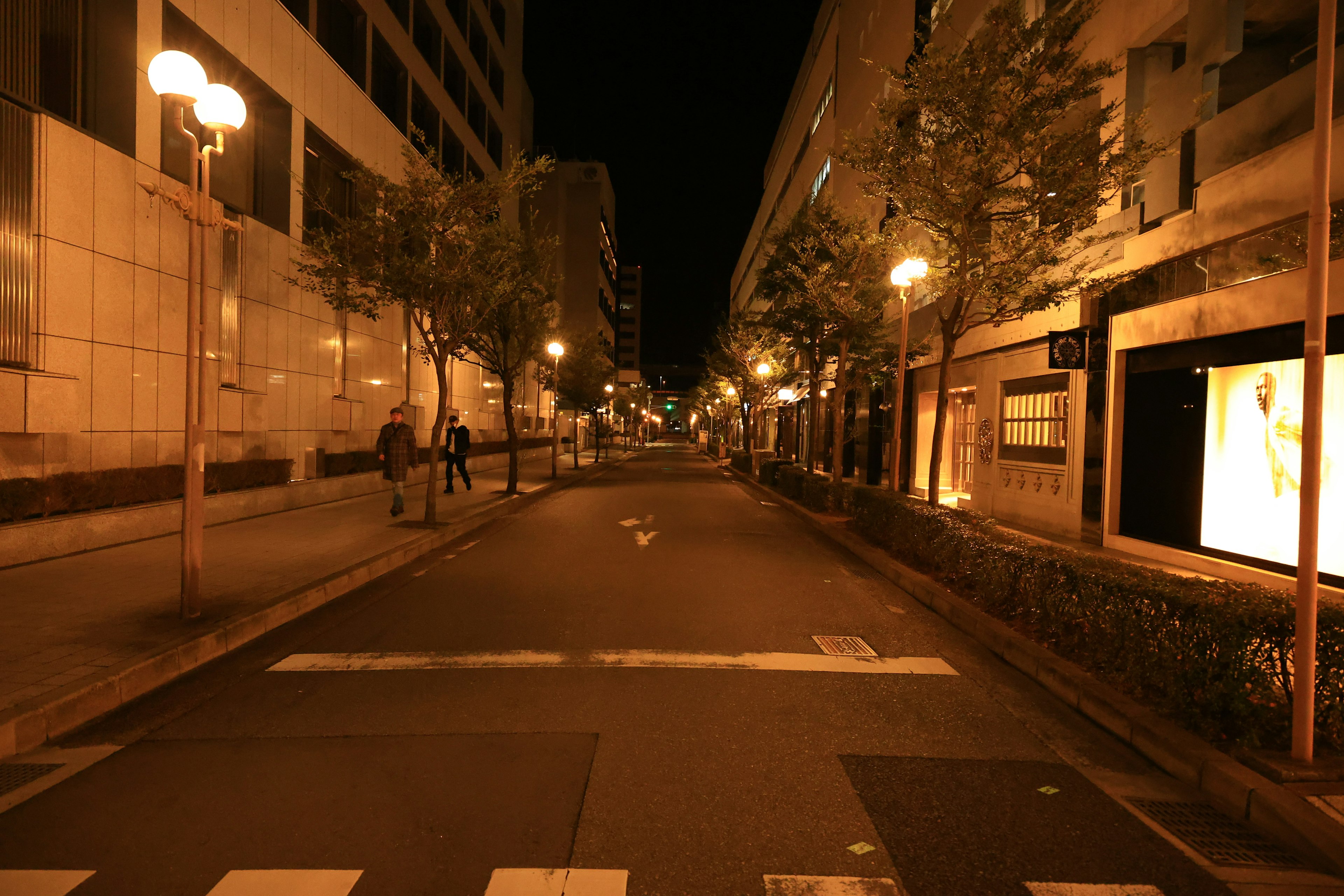 Ruhige Straße bei Nacht mit beleuchteten Straßenlaternen und Gebäuden