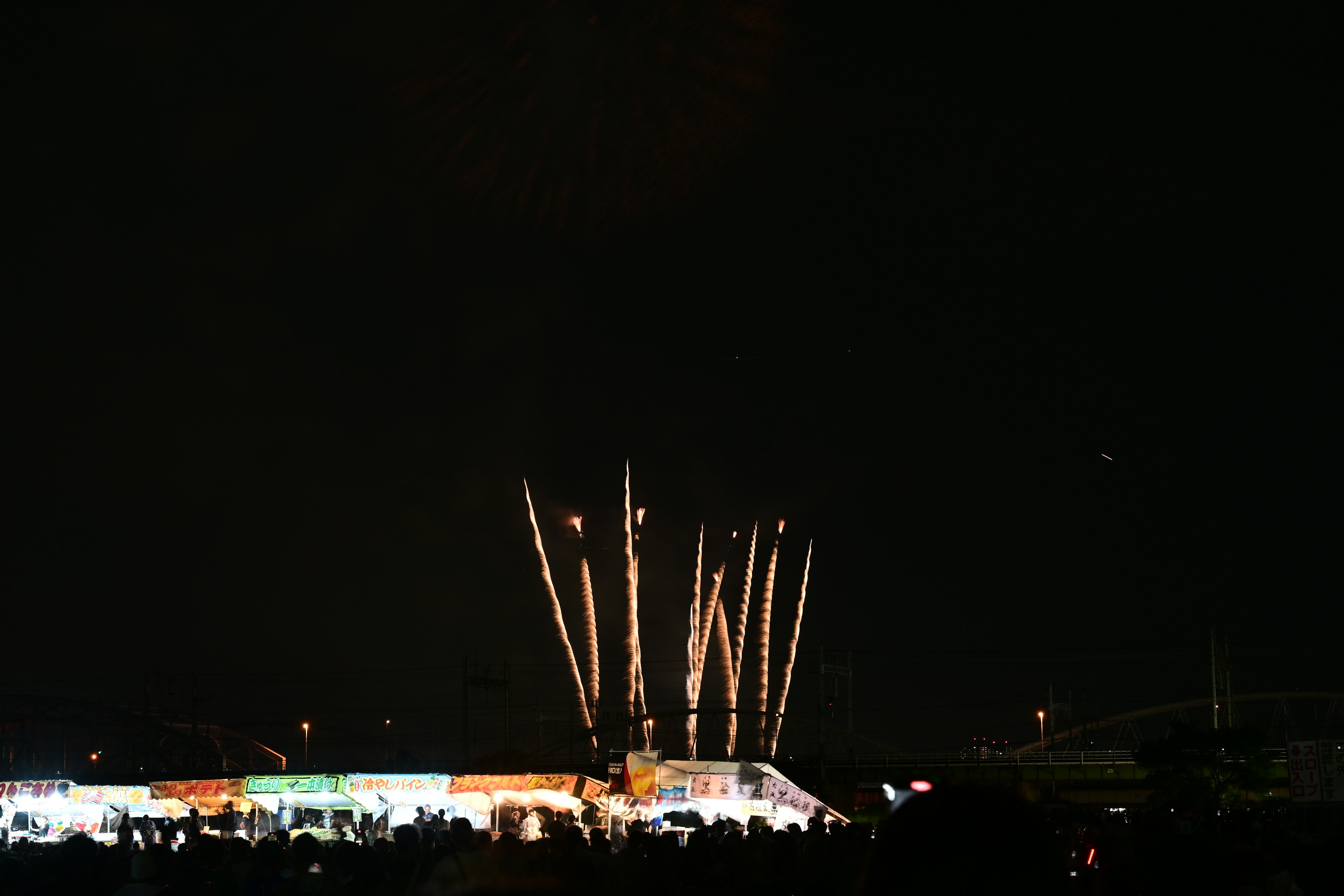 Feuerwerk im Nachthimmel mit Silhouetten von Zuschauern