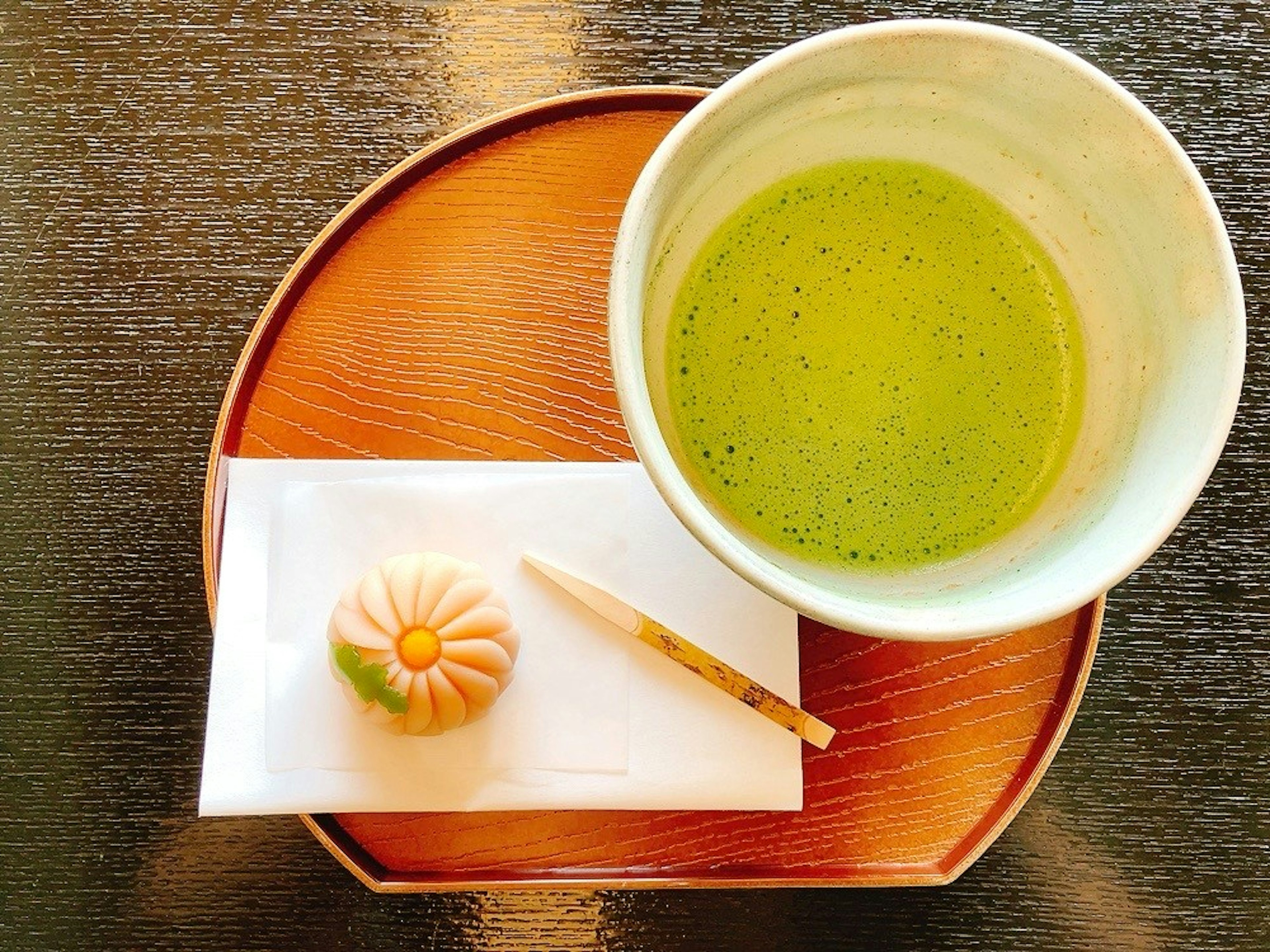 Matcha tea served with a traditional Japanese sweet