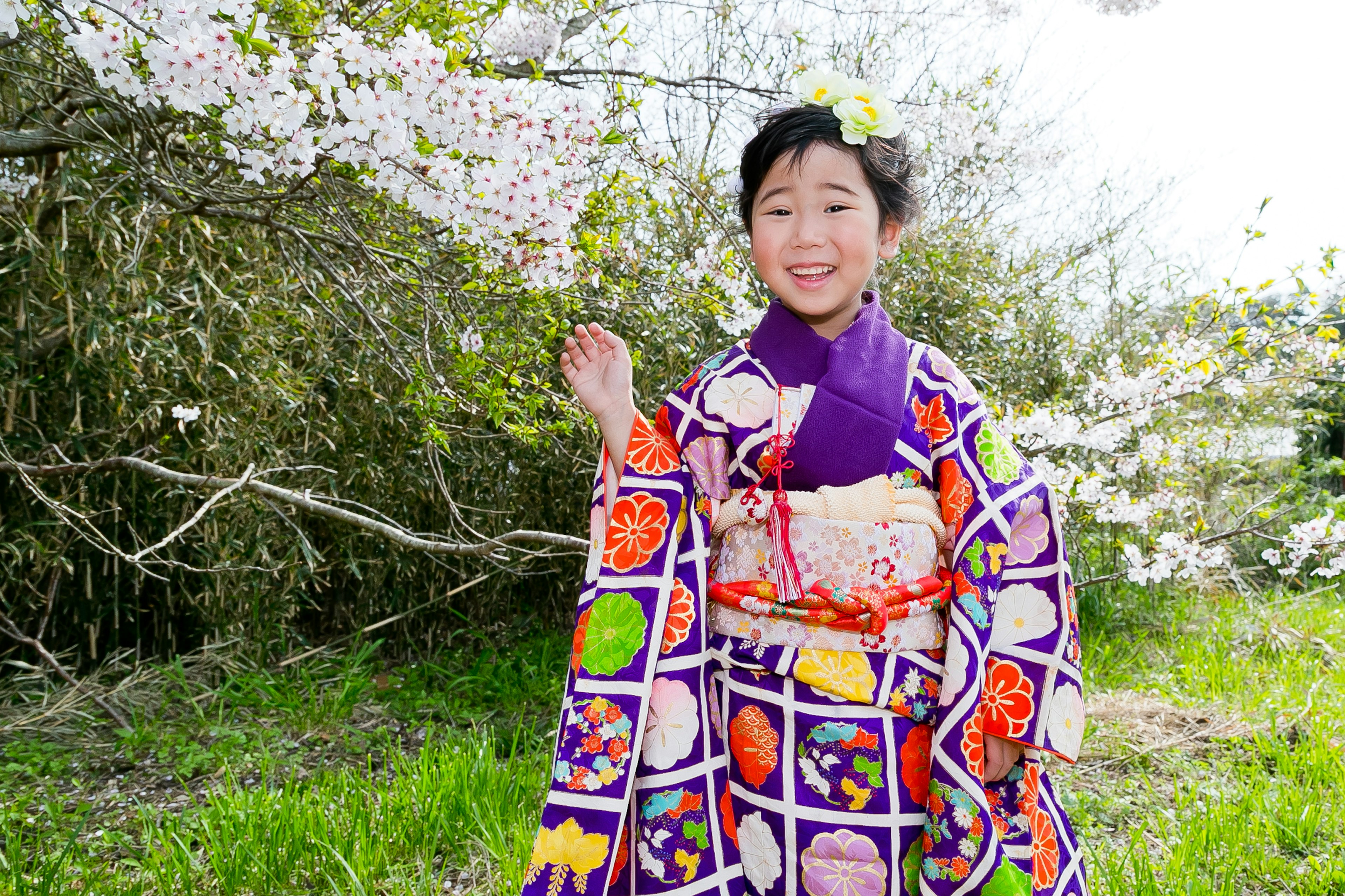 Una ragazza sorridente in kimono tradizionale sotto alberi di ciliegio