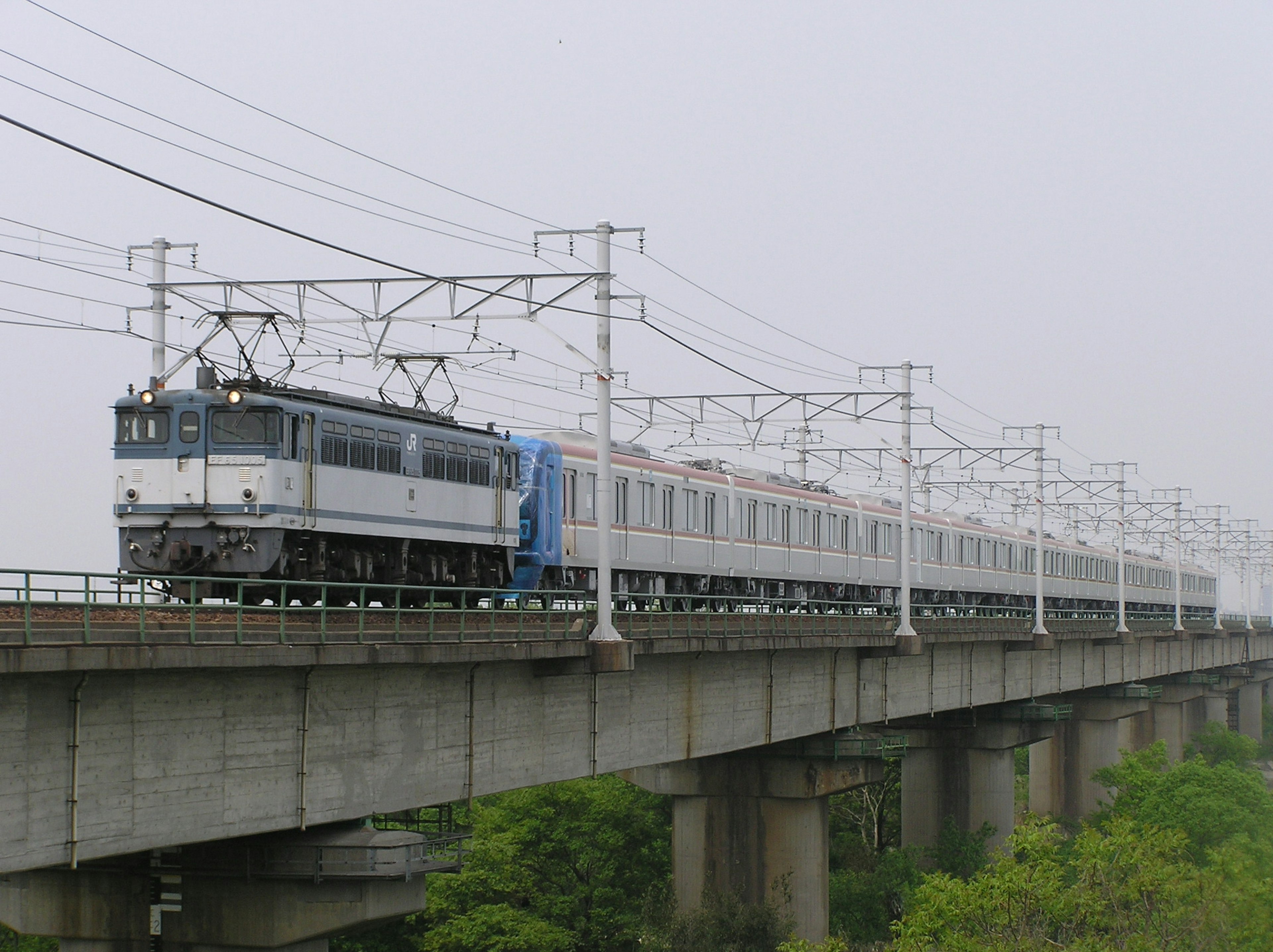 Tren que circula sobre un puente con paisaje verde