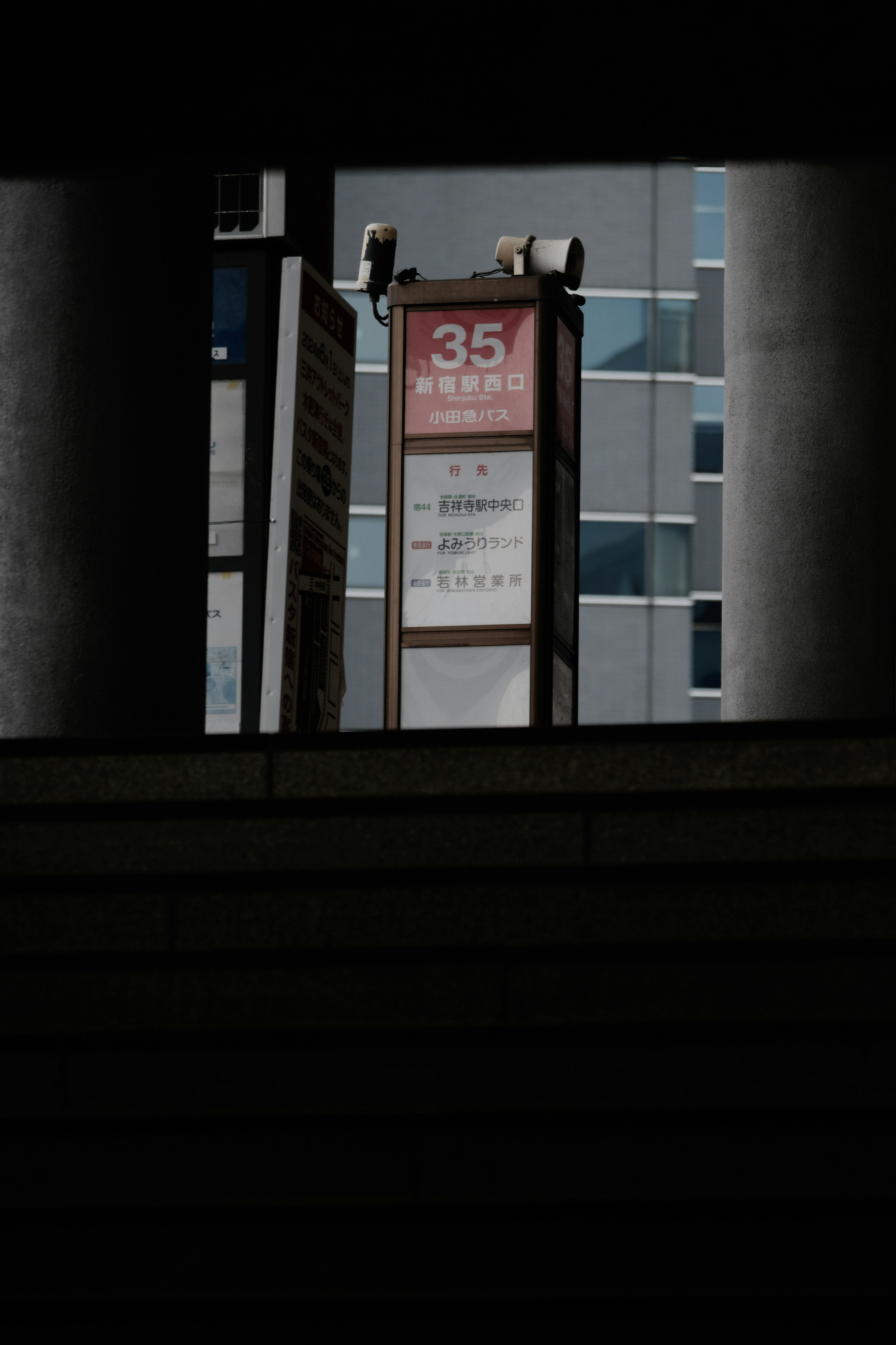 Sign for bus stop number 35 visible modern building background