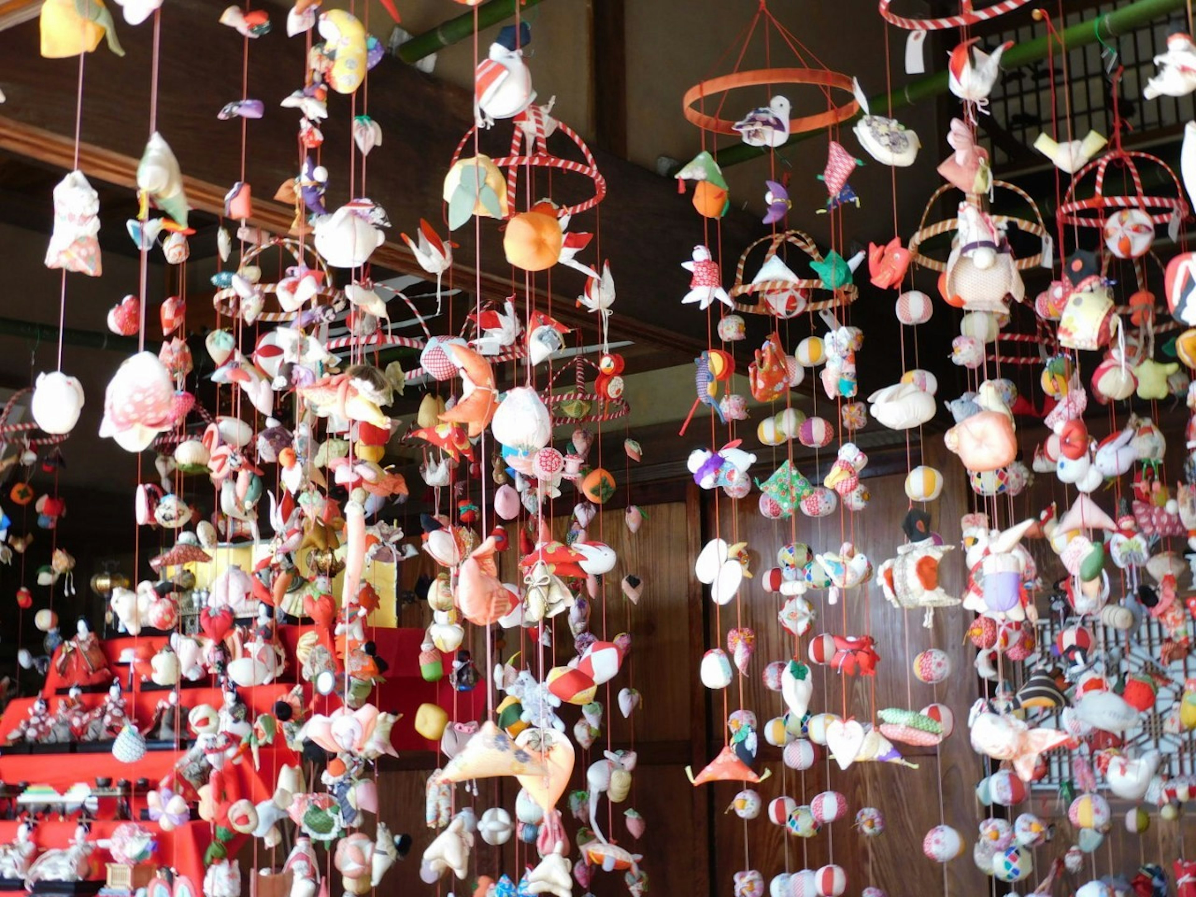 Traditional Japanese wind chimes display with colorful hanging decorations