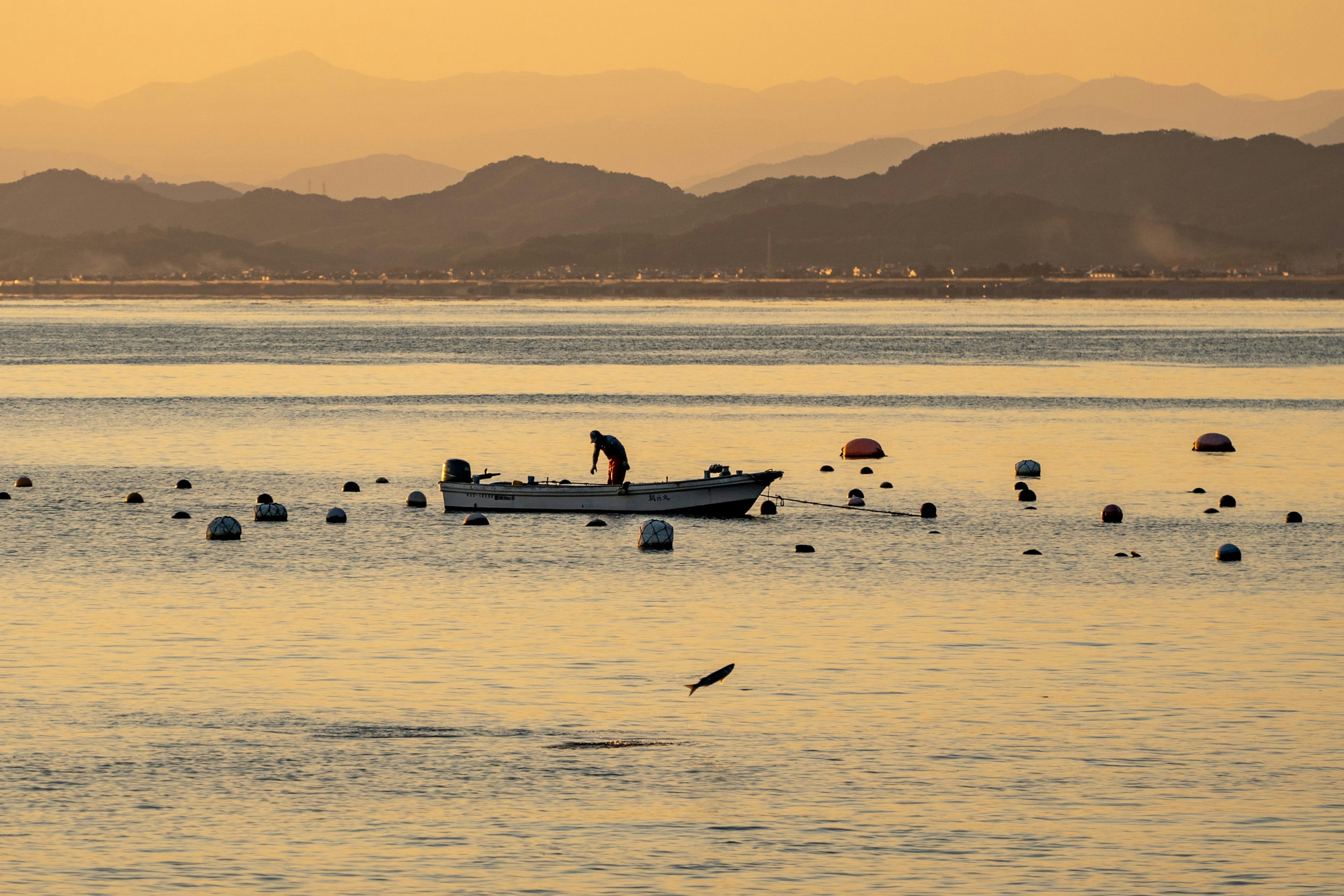 Un bote de pesca en el mar al atardecer con boyas en el agua