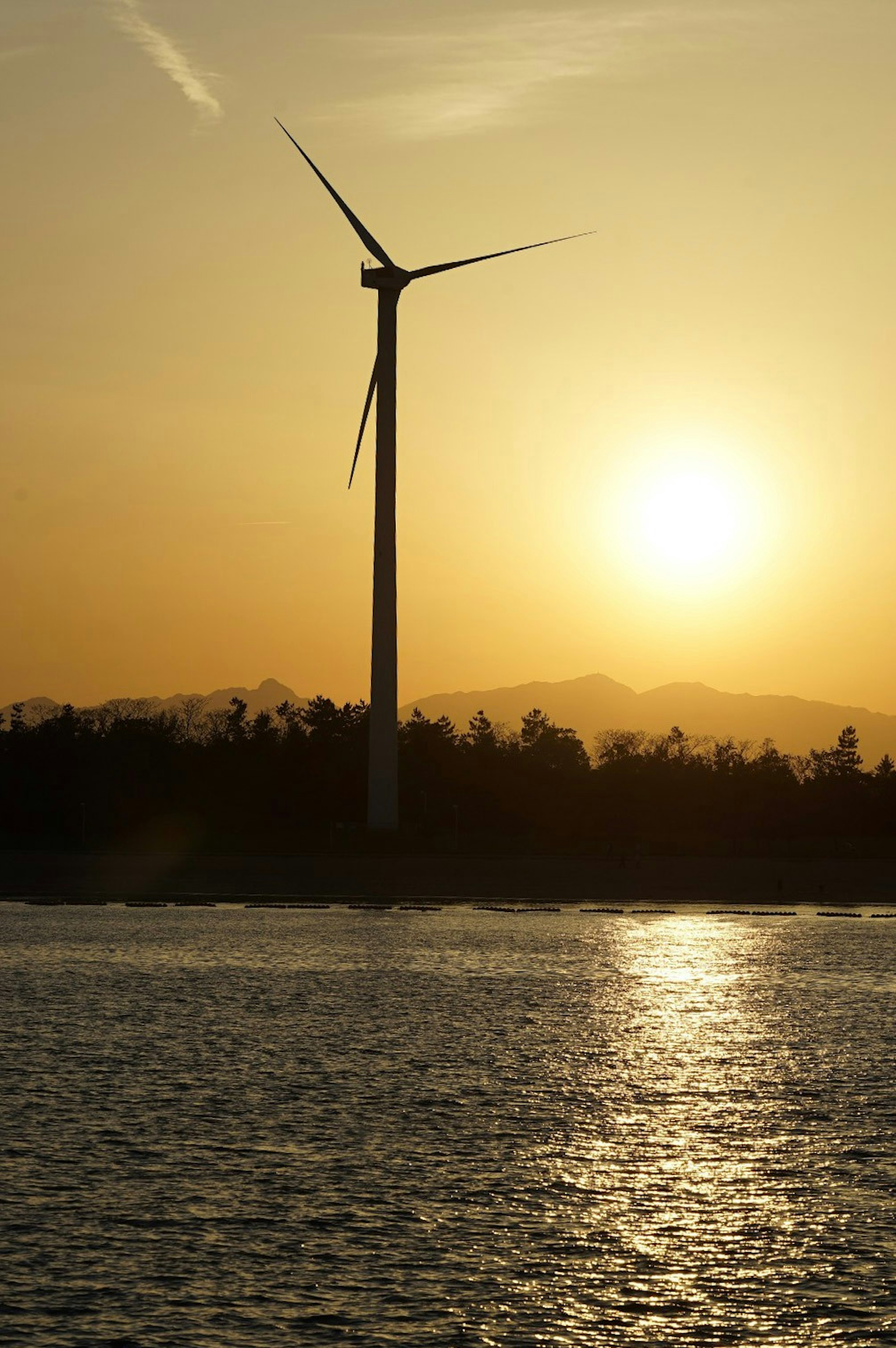 夕日を背景にした風力発電機と穏やかな水面