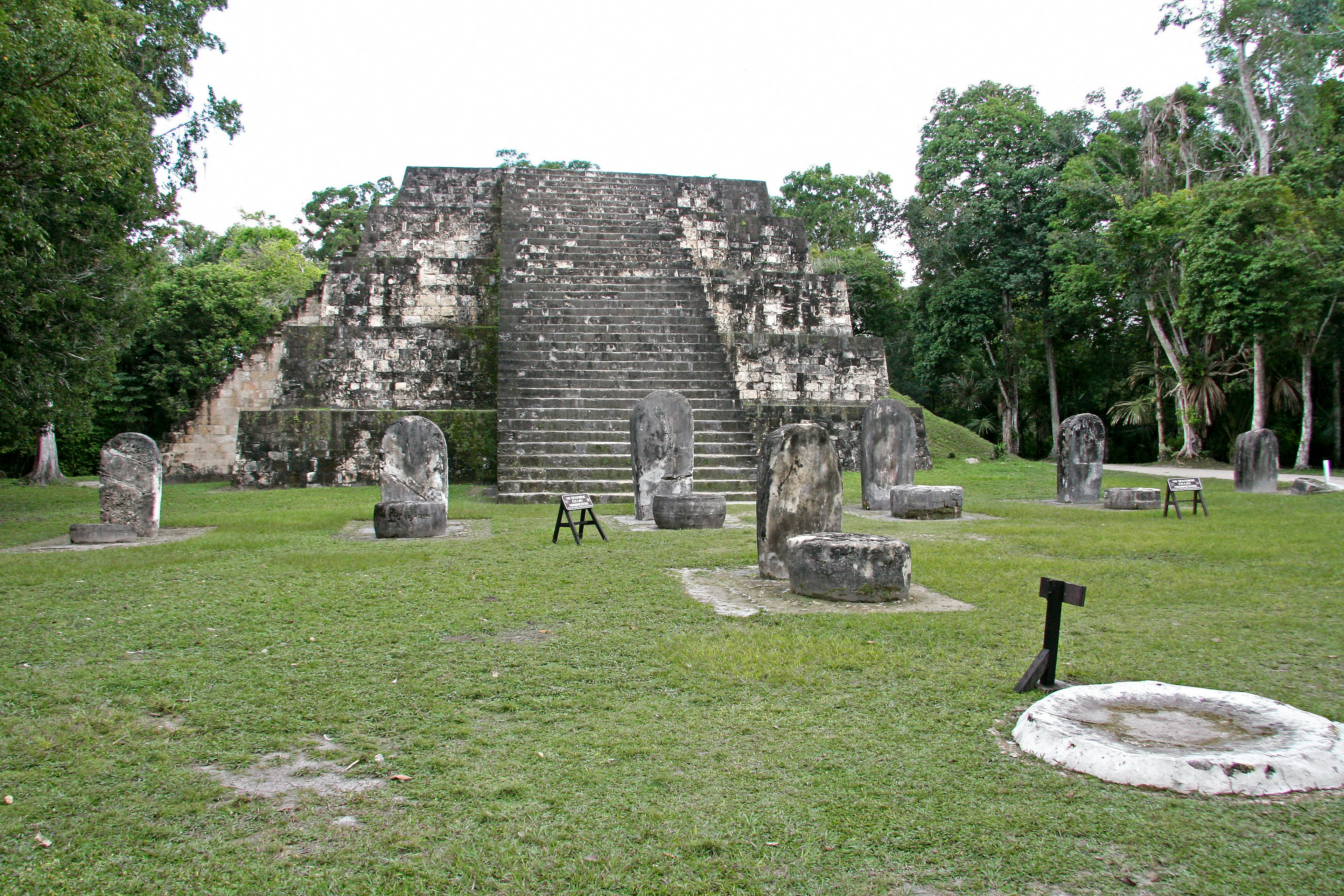 Ruinas mayas antiguas con una escalera y esculturas de piedra en un entorno verde