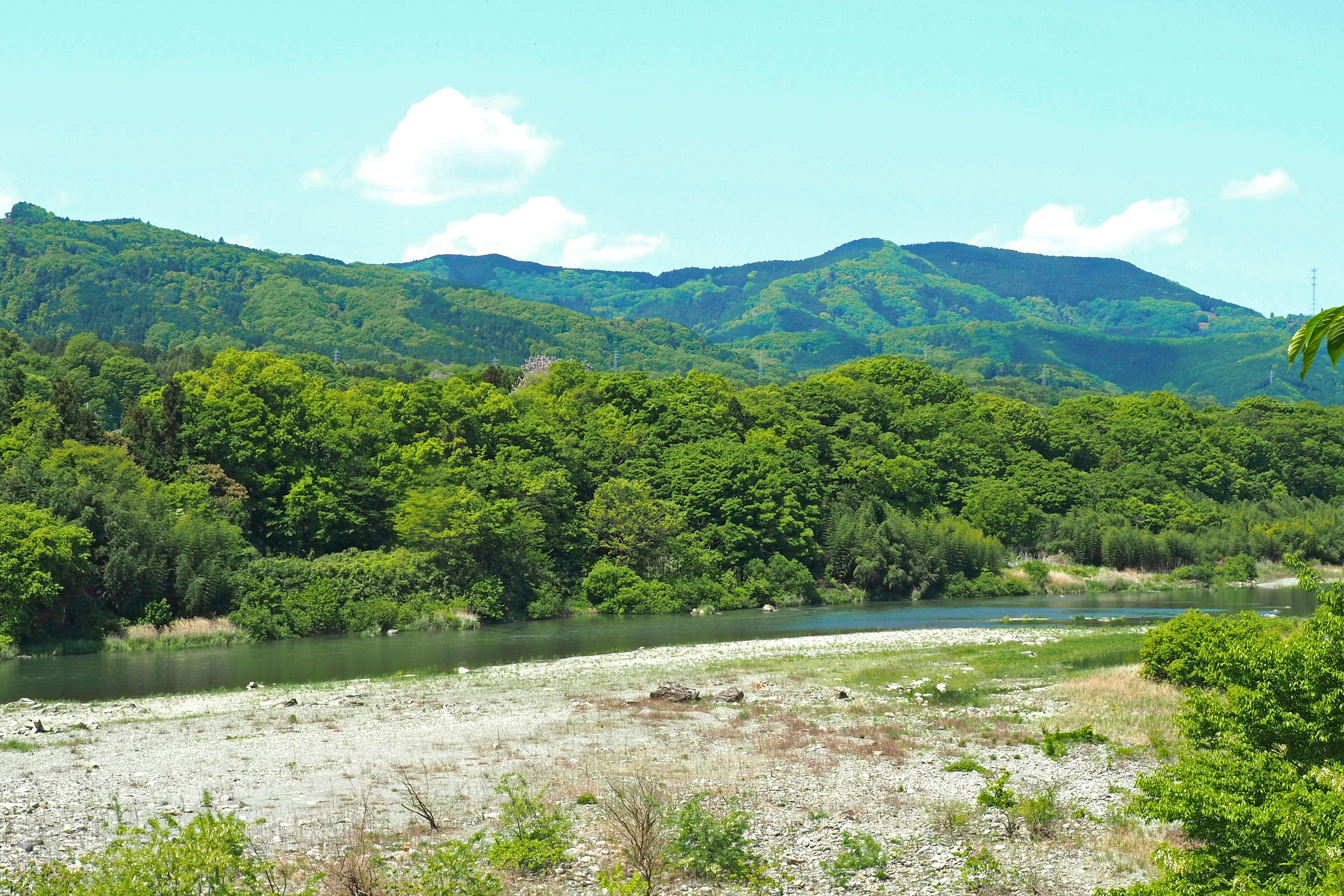 Pemandangan indah sungai dikelilingi pegunungan hijau subur di bawah langit biru