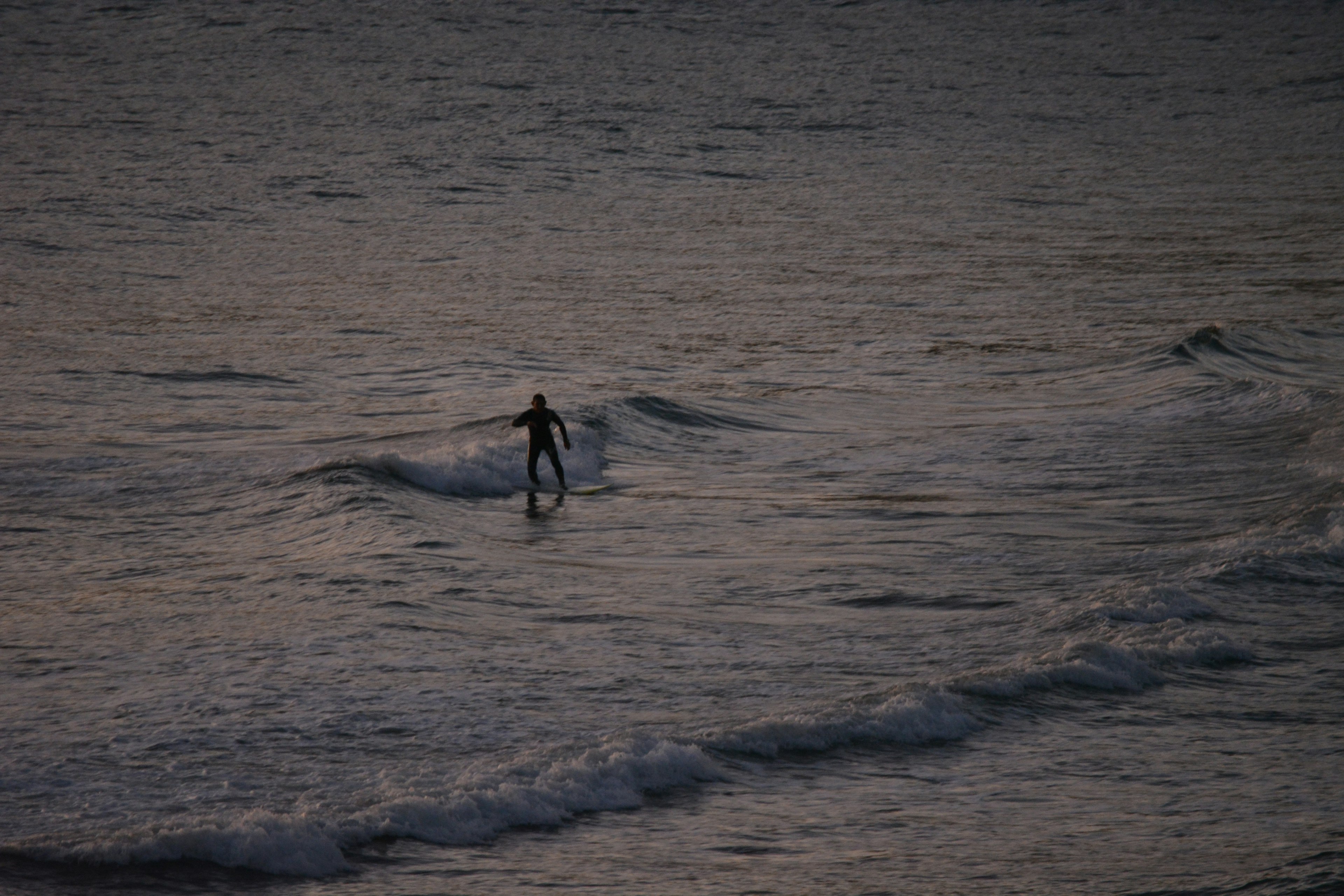 夕暮れの海でサーフィンを楽しむサーファー