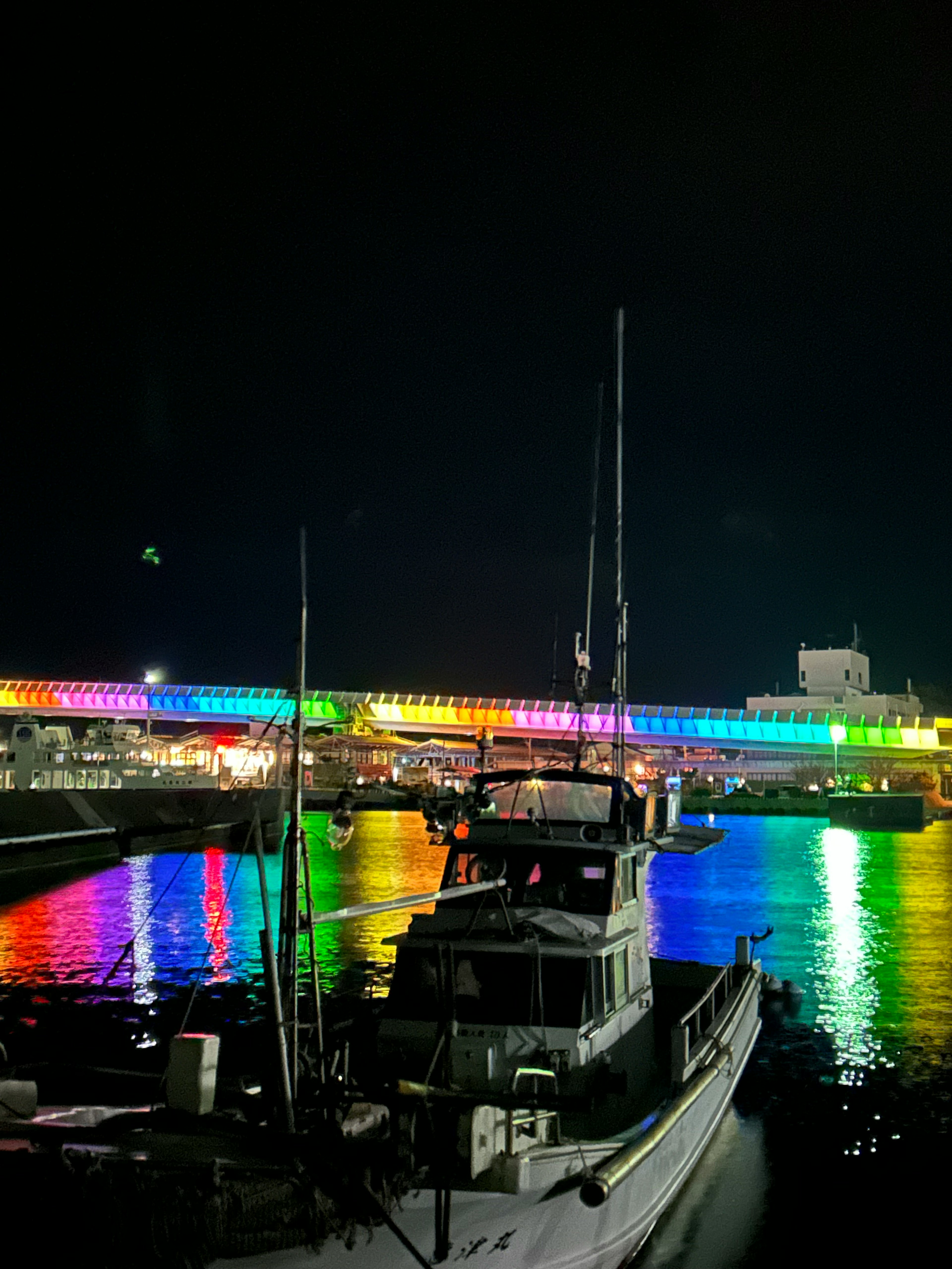 Boat at night in a harbor with colorful light reflections