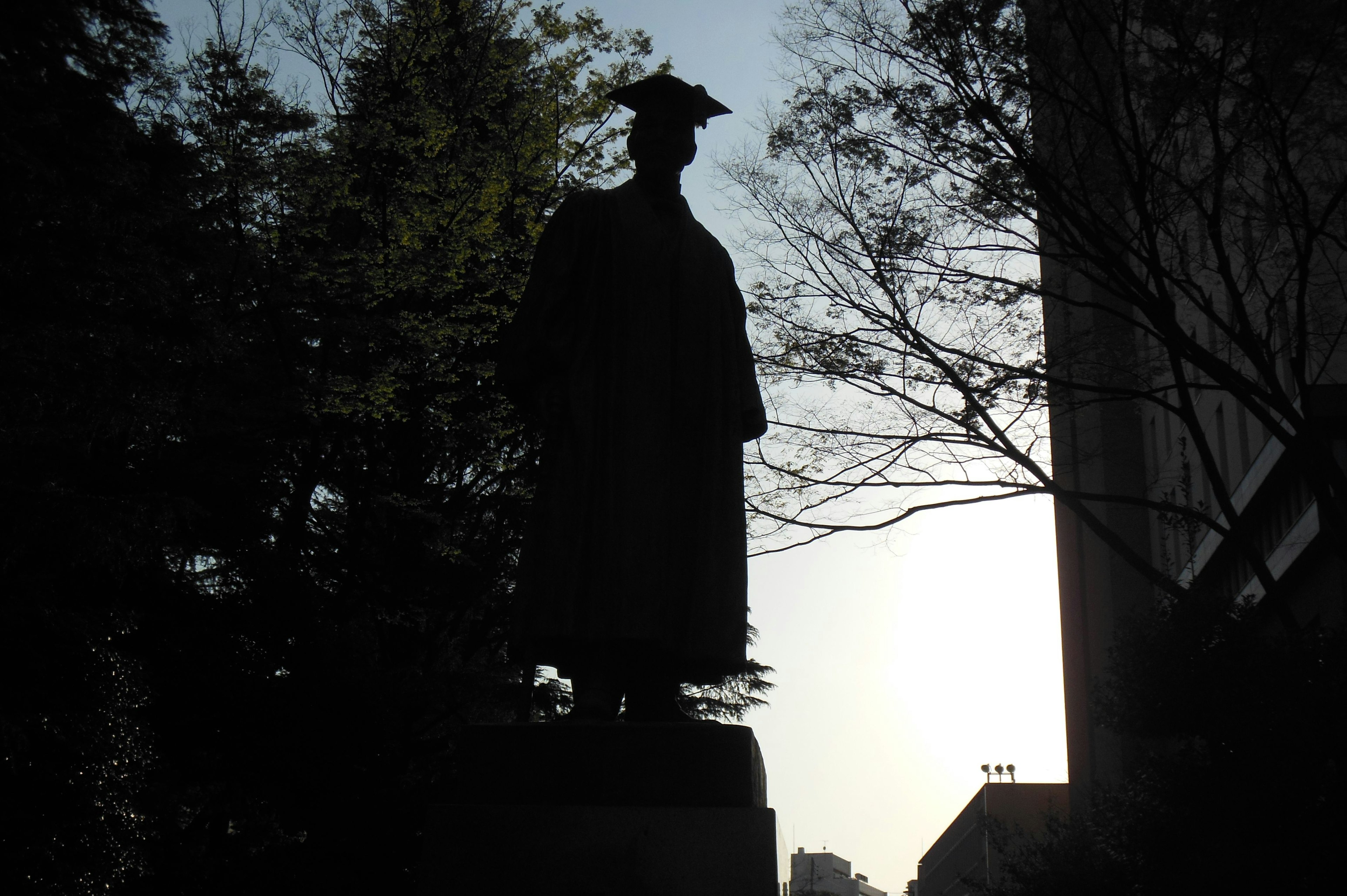 Silhouetted statue against a bright background with trees and a building