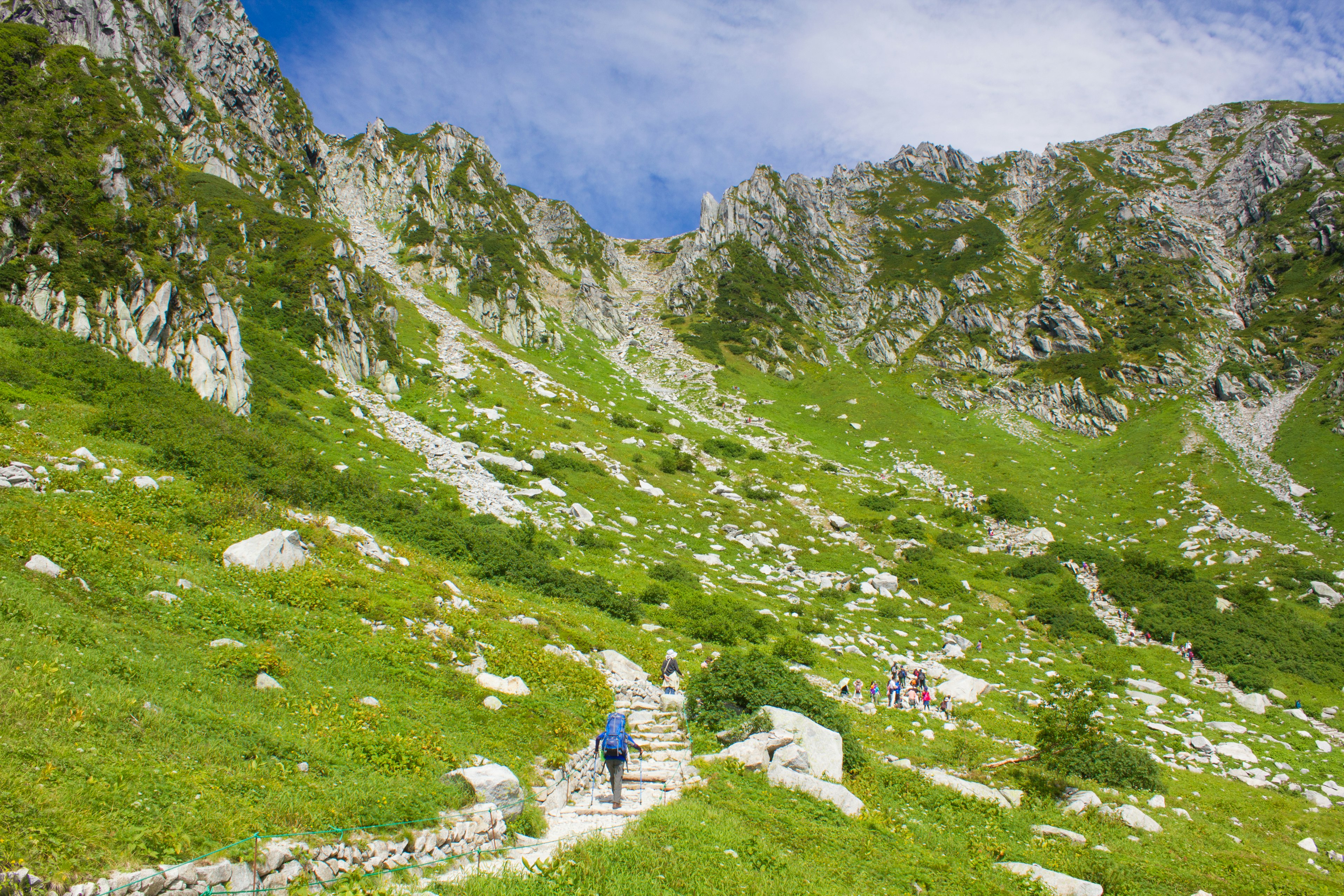 青翠的山路上有徒步旅行者和岩石地形的美麗風景