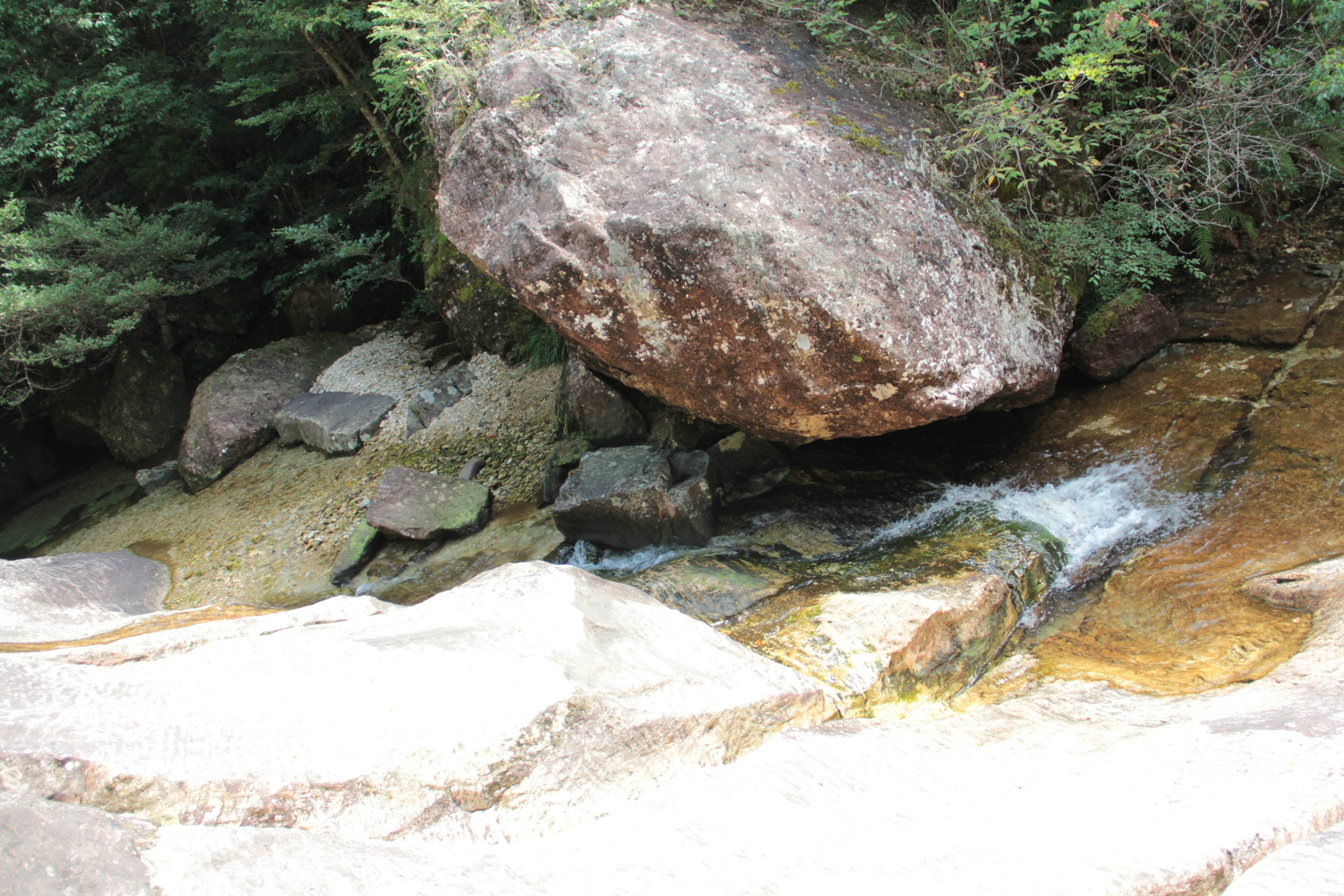 Naturlandschaft mit einem großen Felsen und einem fließenden Bach