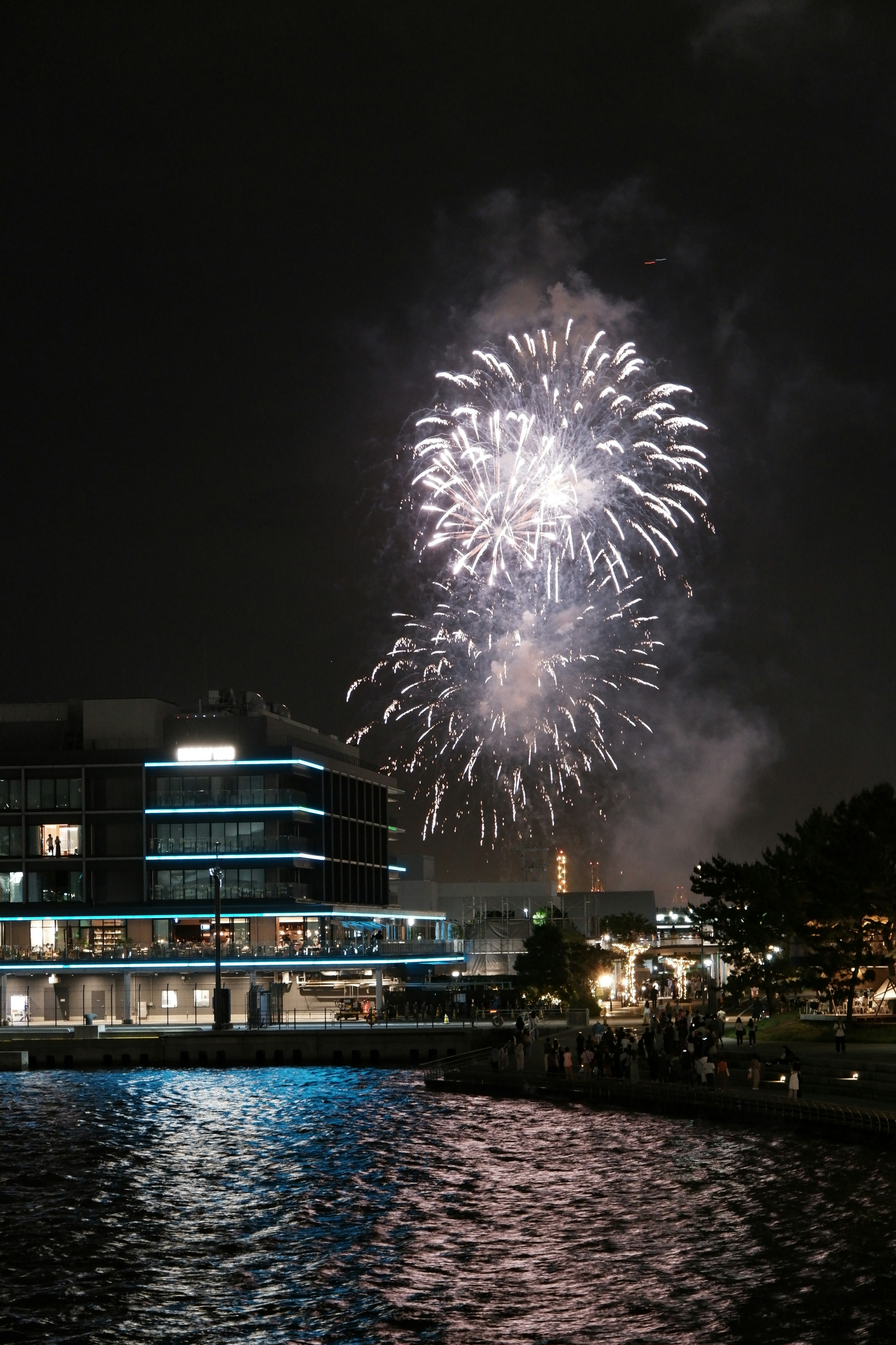 Feuerwerk, das im Nachthimmel explodiert, mit Reflexionen im Wasser