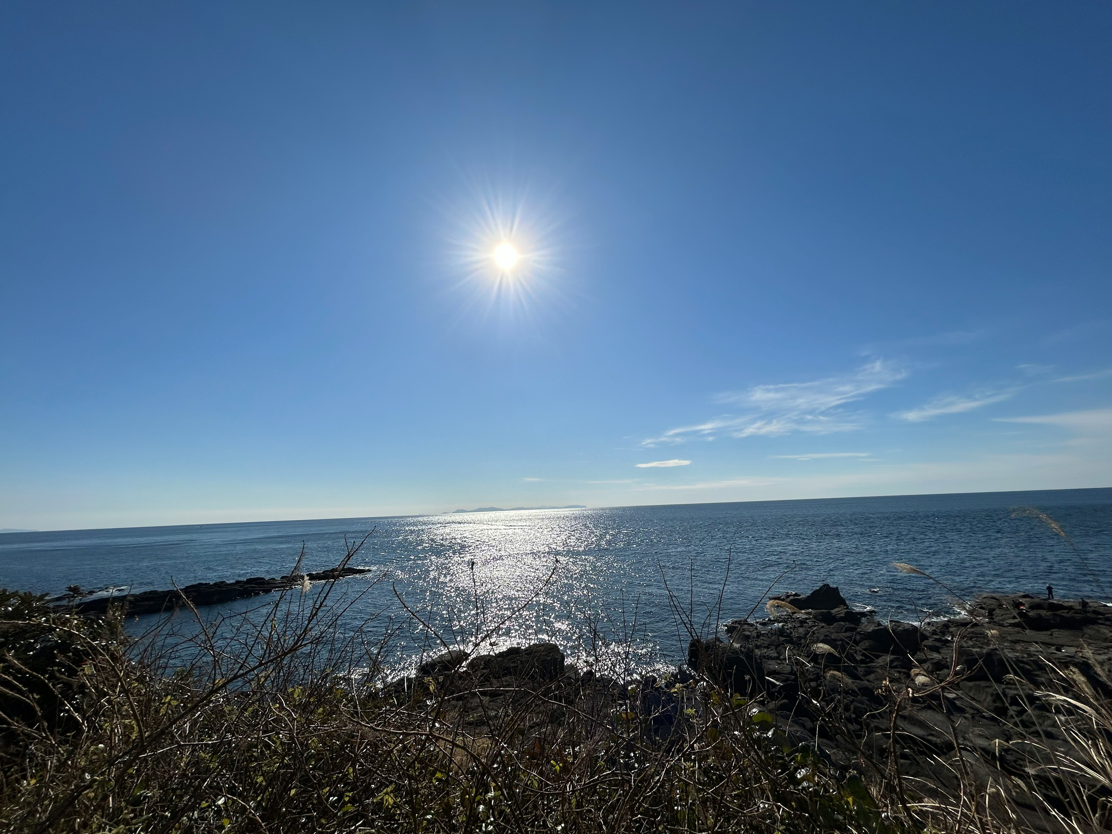 Vista panoramica dell'oceano con sole splendente e costa rocciosa