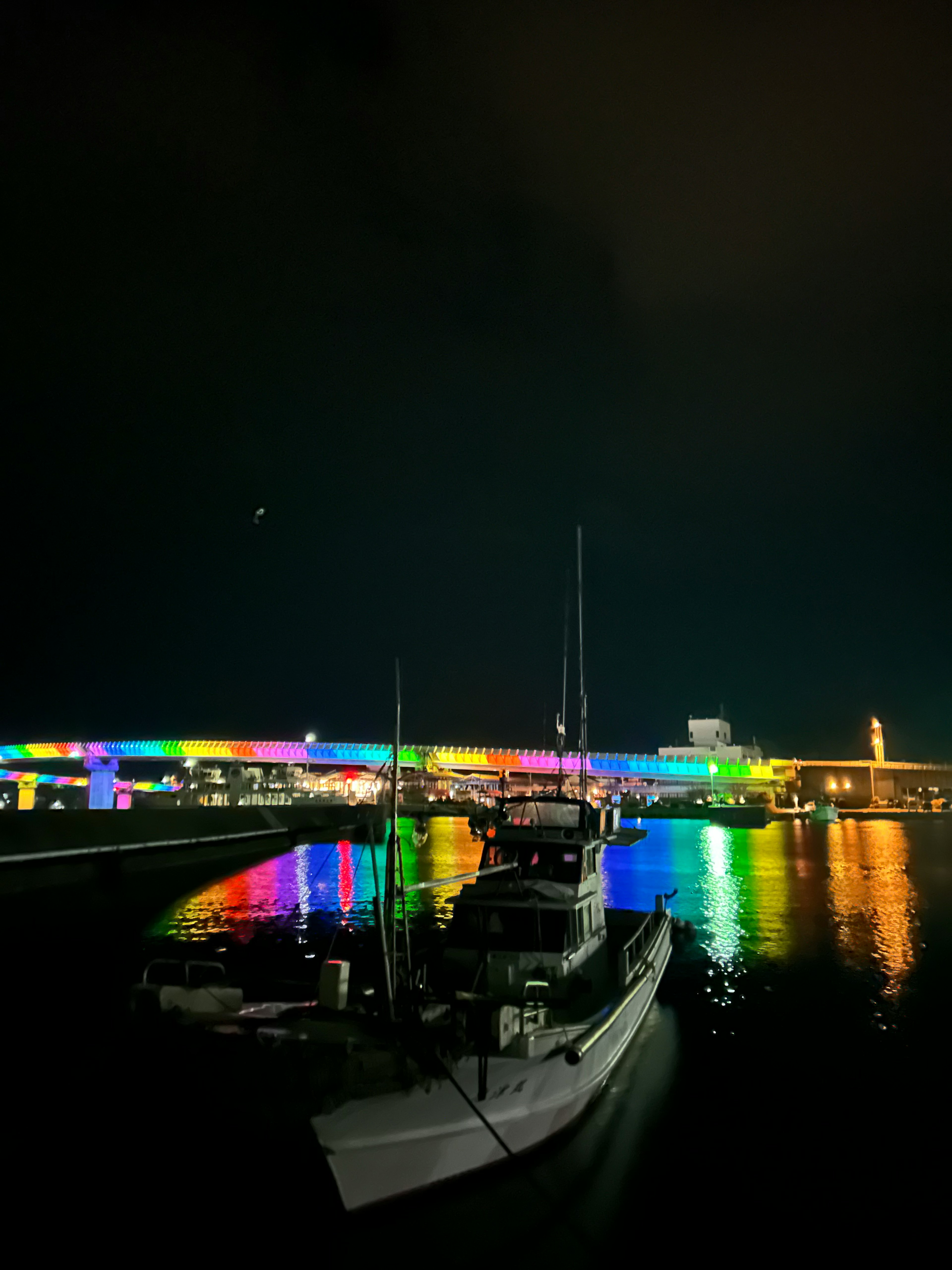 Barco en un puerto con luces de colores reflejándose en el agua por la noche