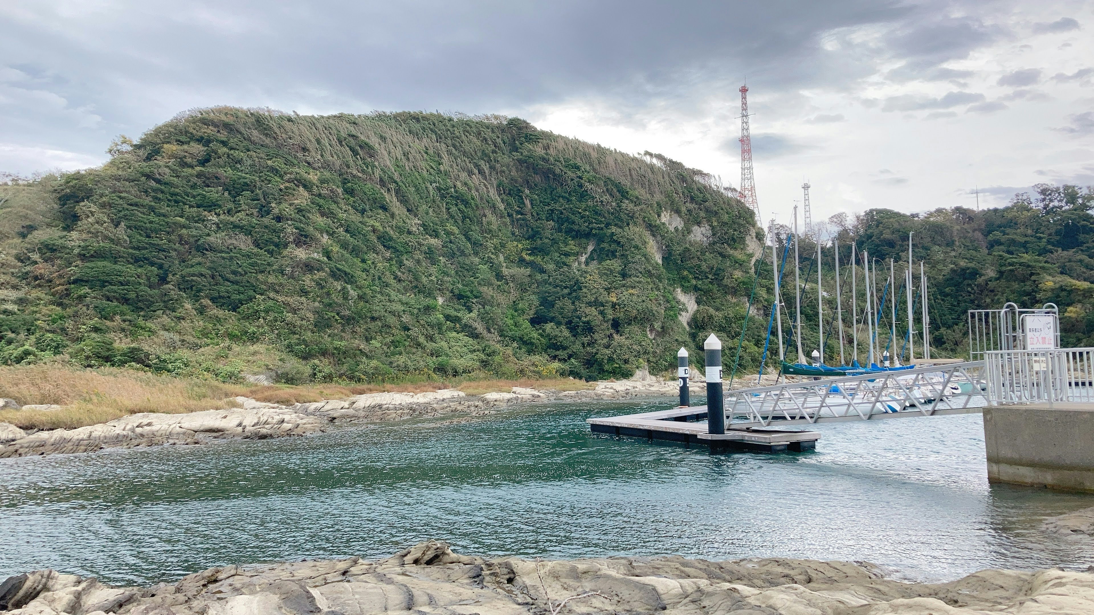 Malersicher Blick auf einen Hafen mit Booten und einem grünen Hügel