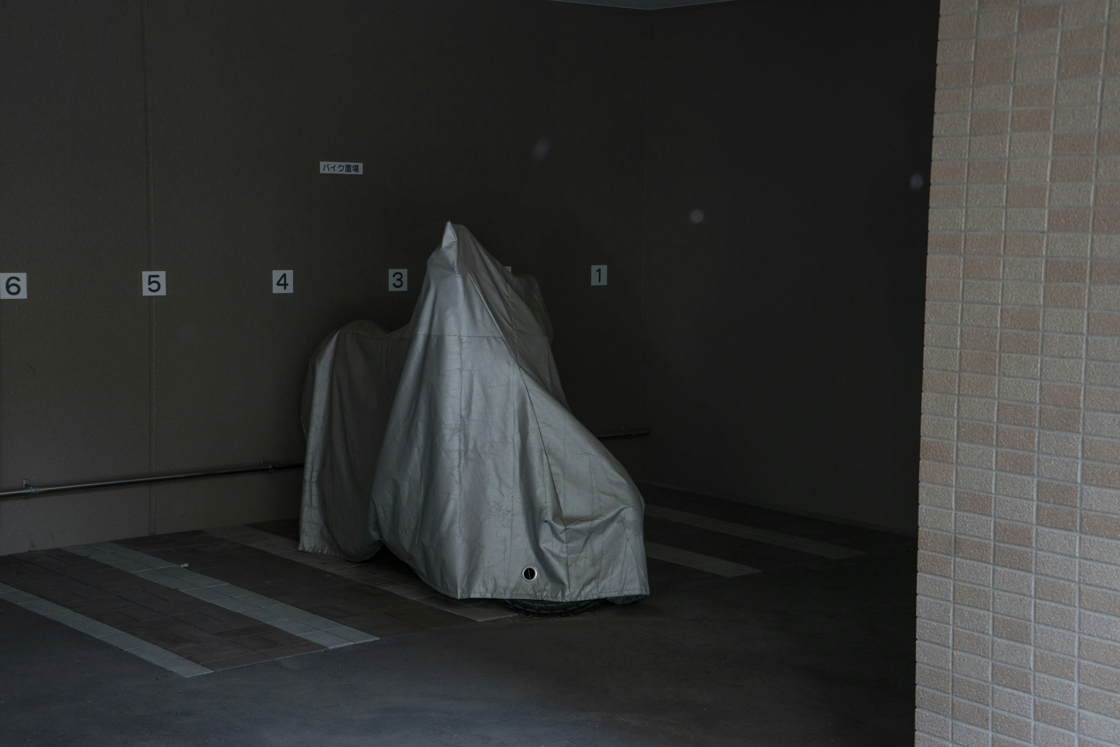 A covered object in a garage with a plain background