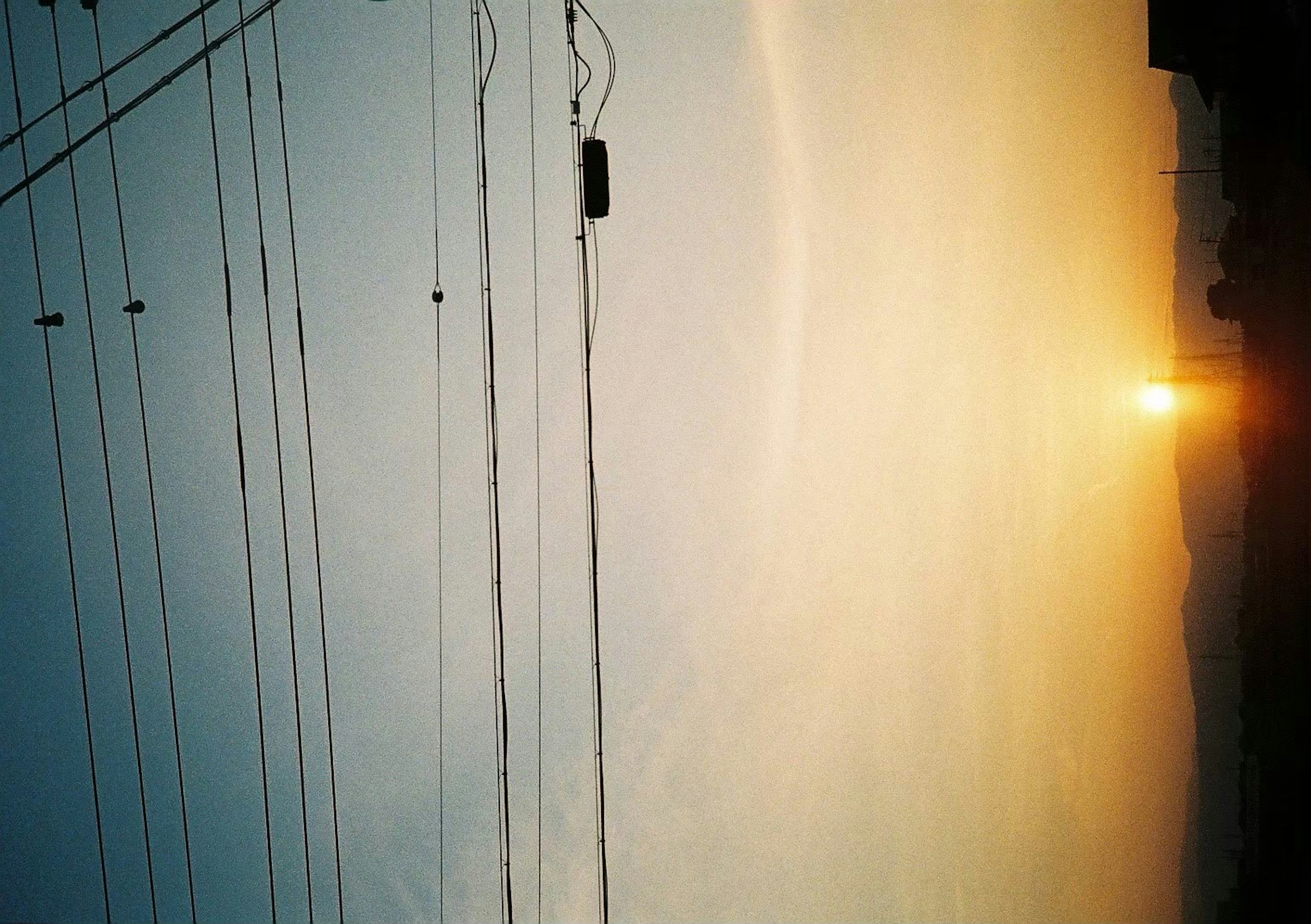 Silhouette of power lines against a sunset