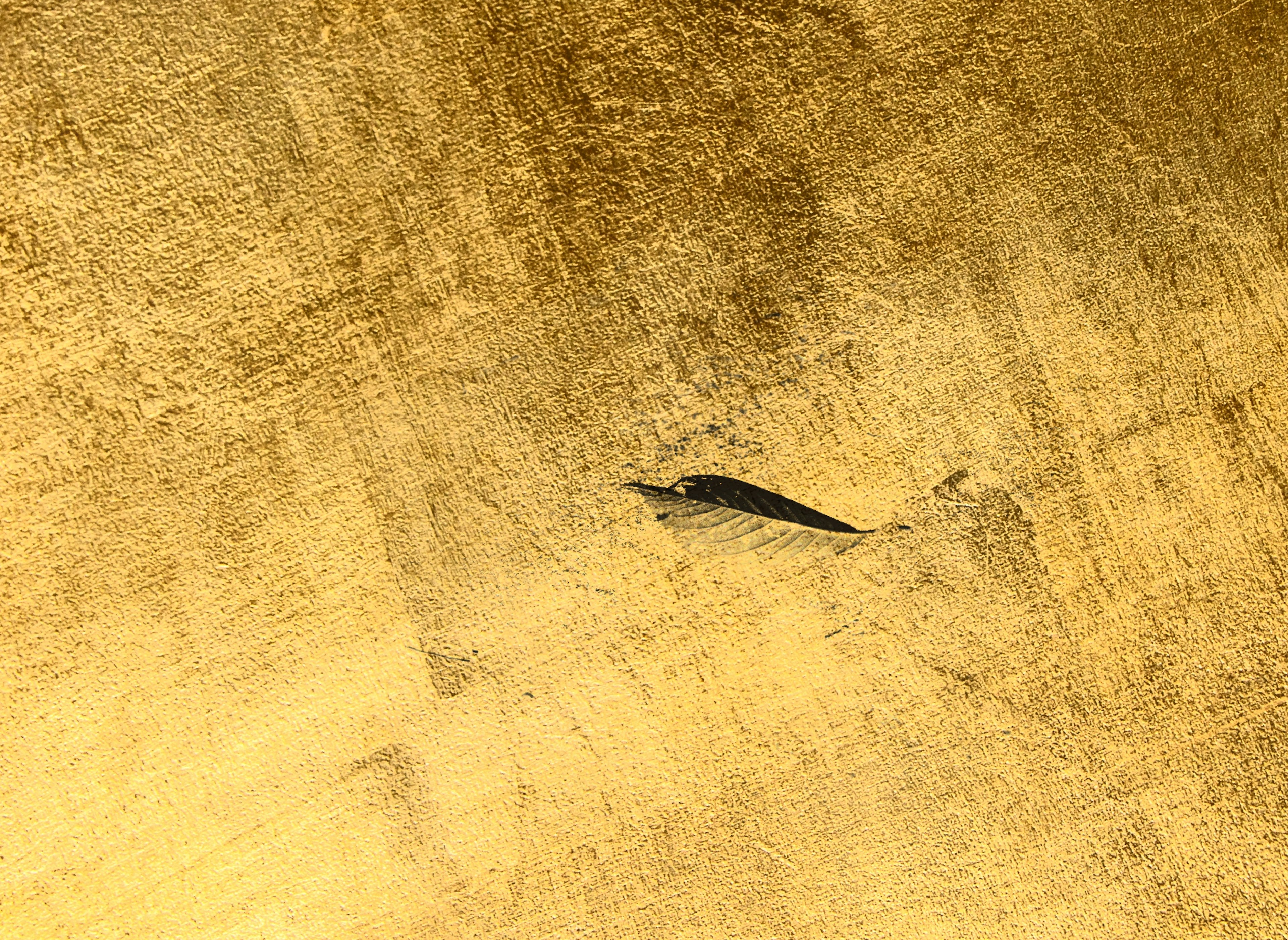 A small black fish shape on a gold textured background