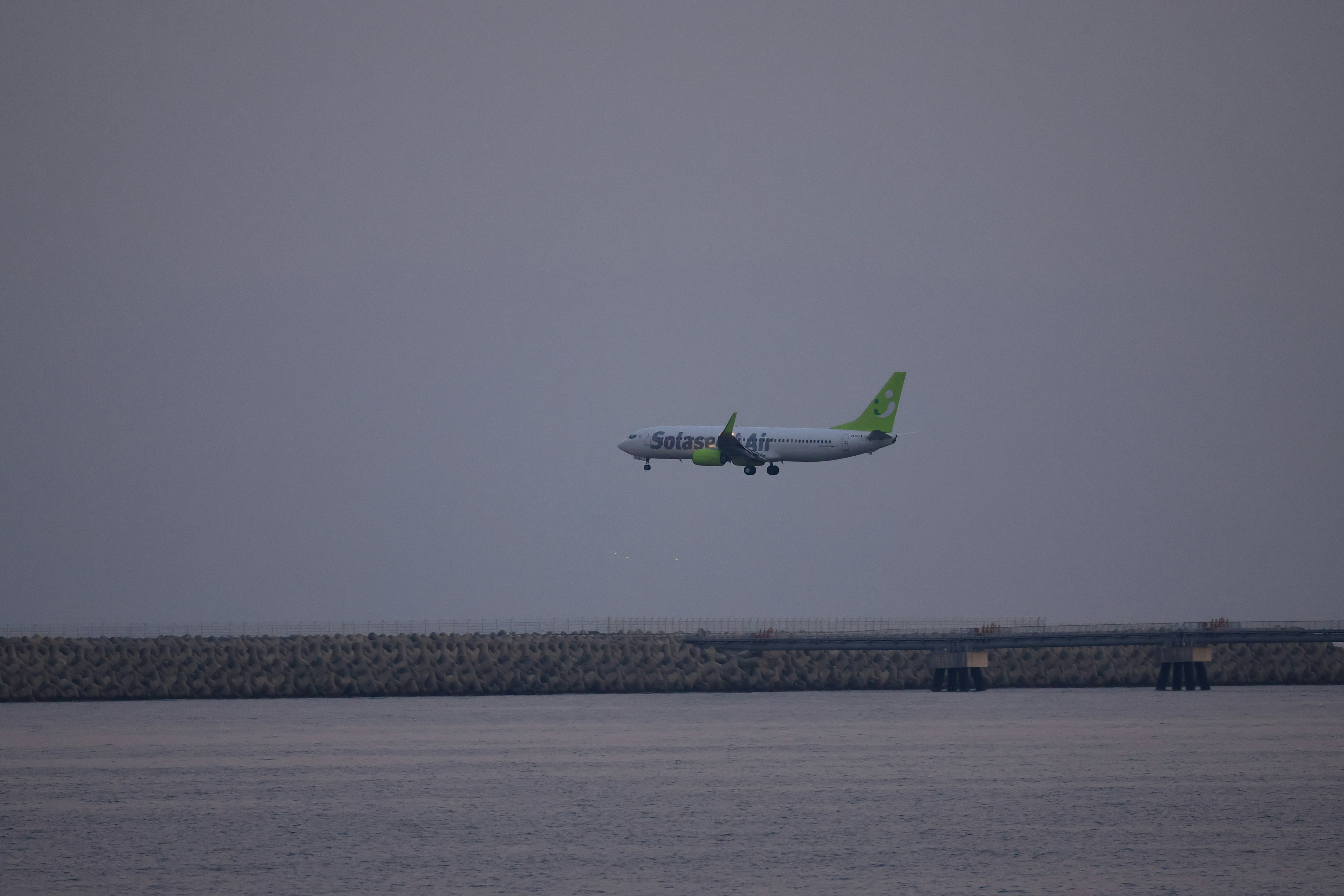 Aereo con coda verde che vola in un cielo grigio