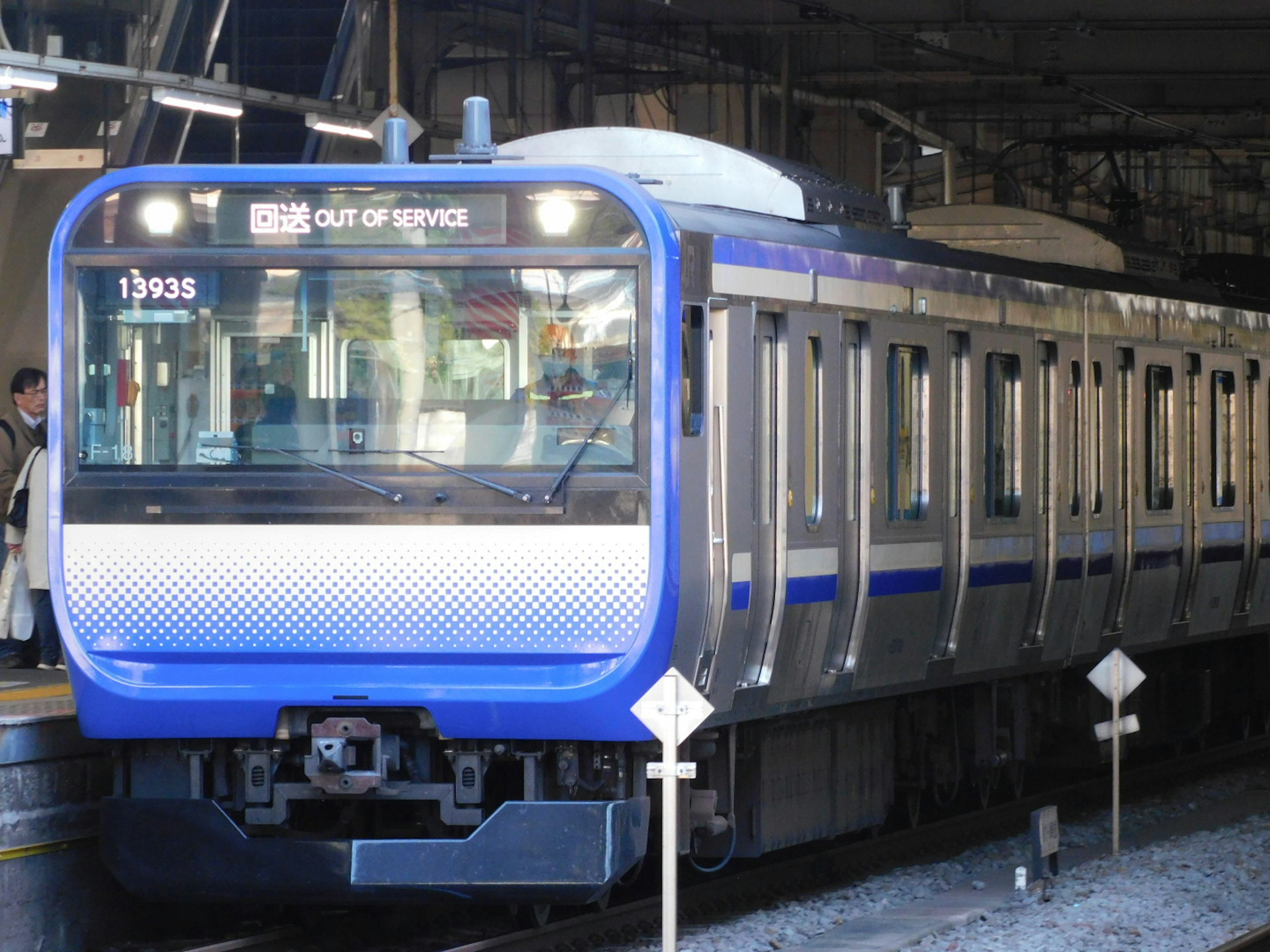 Tren plateado con franjas azules llegando a la estación