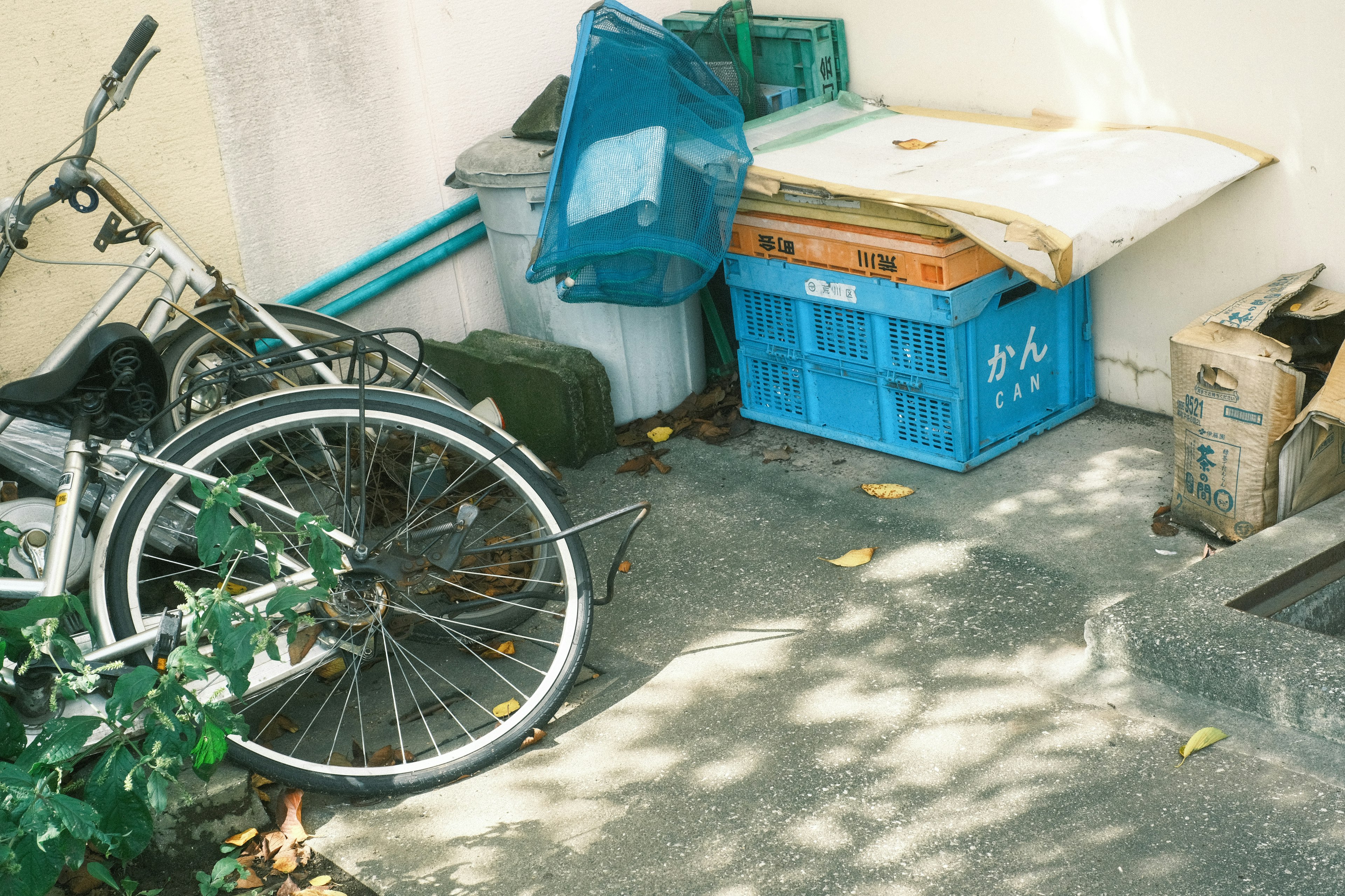 View of a narrow space featuring an old bicycle and a blue trash bin