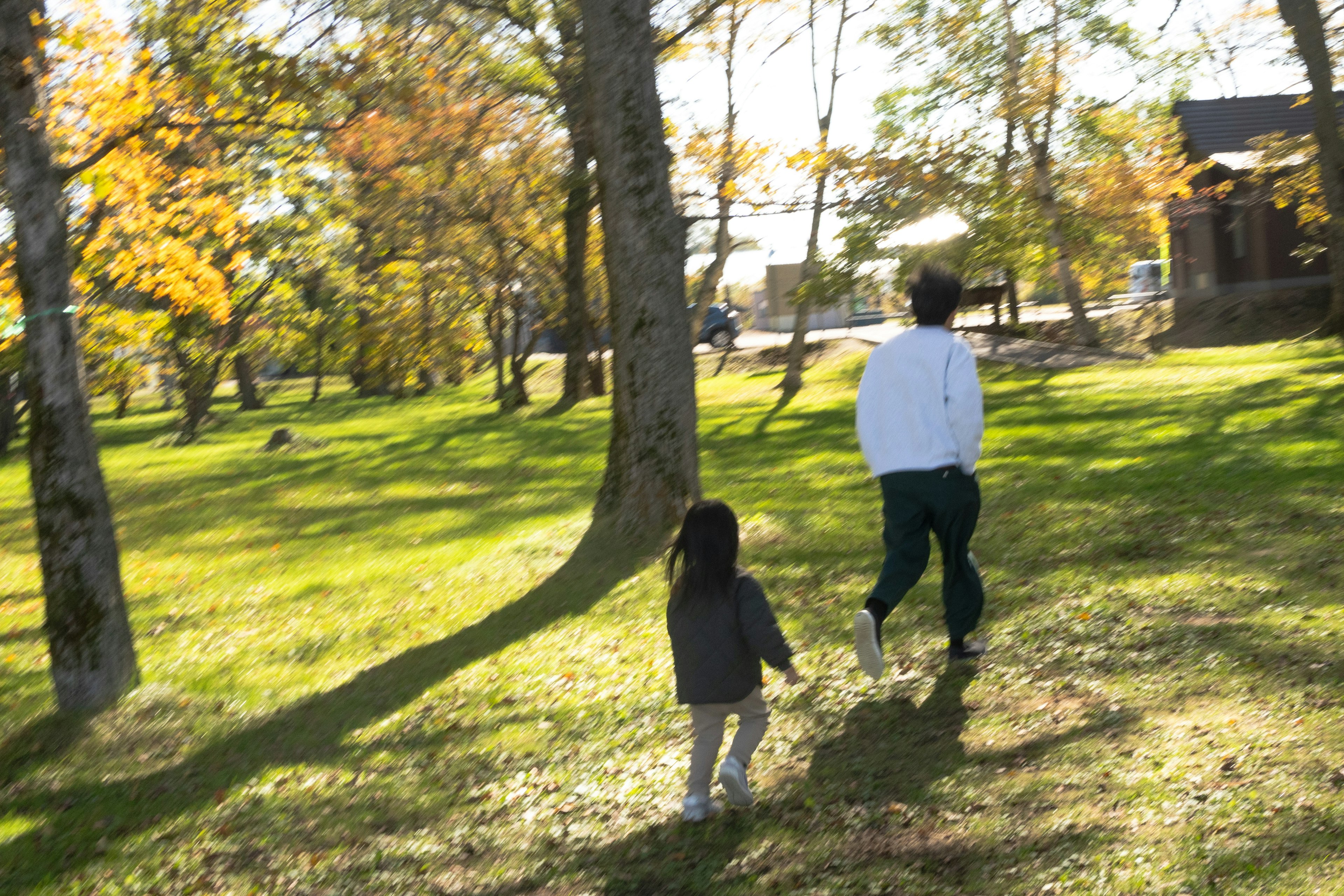 Kinder gehen in einem Park, umgeben von Herbstbäumen