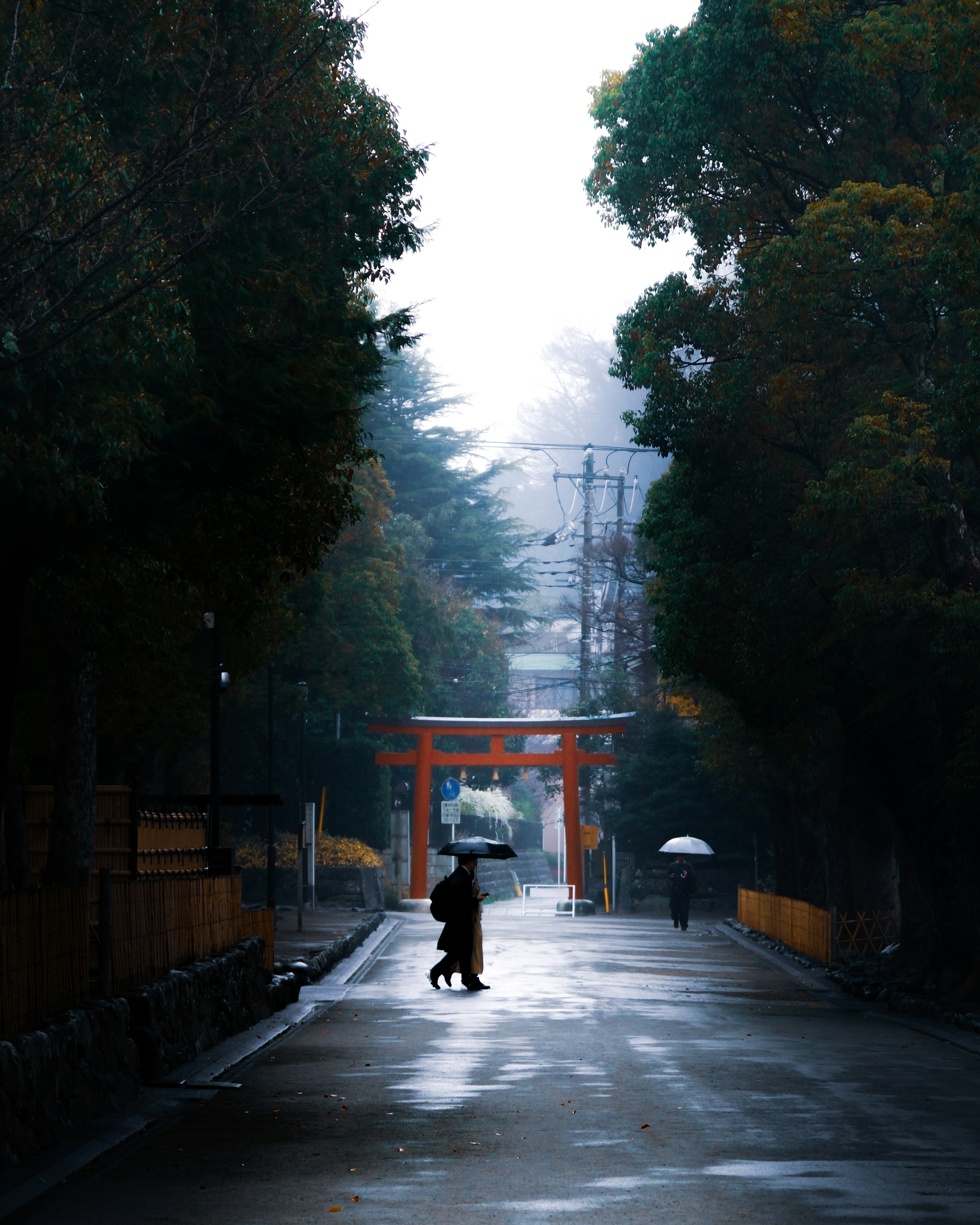 Silueta de una persona caminando por un camino tranquilo con un torii en la niebla