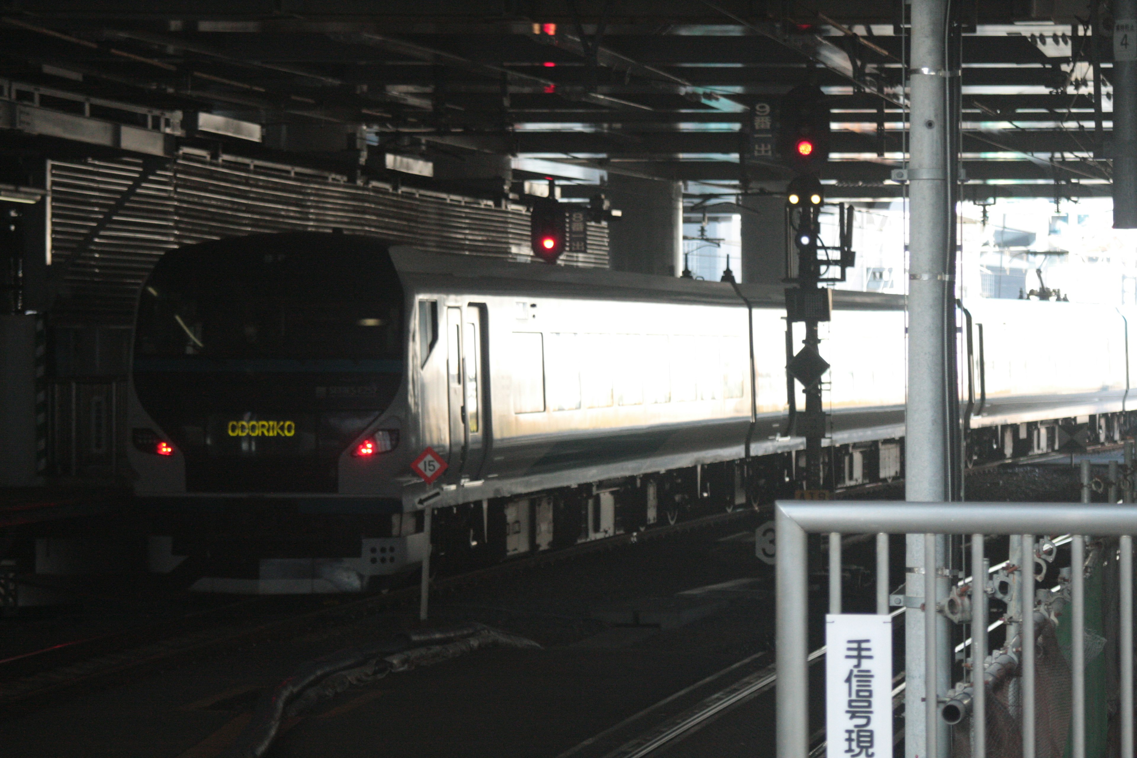 Zug, der an einem schwach beleuchteten Bahnhof mit leuchtenden Signalen ankommt