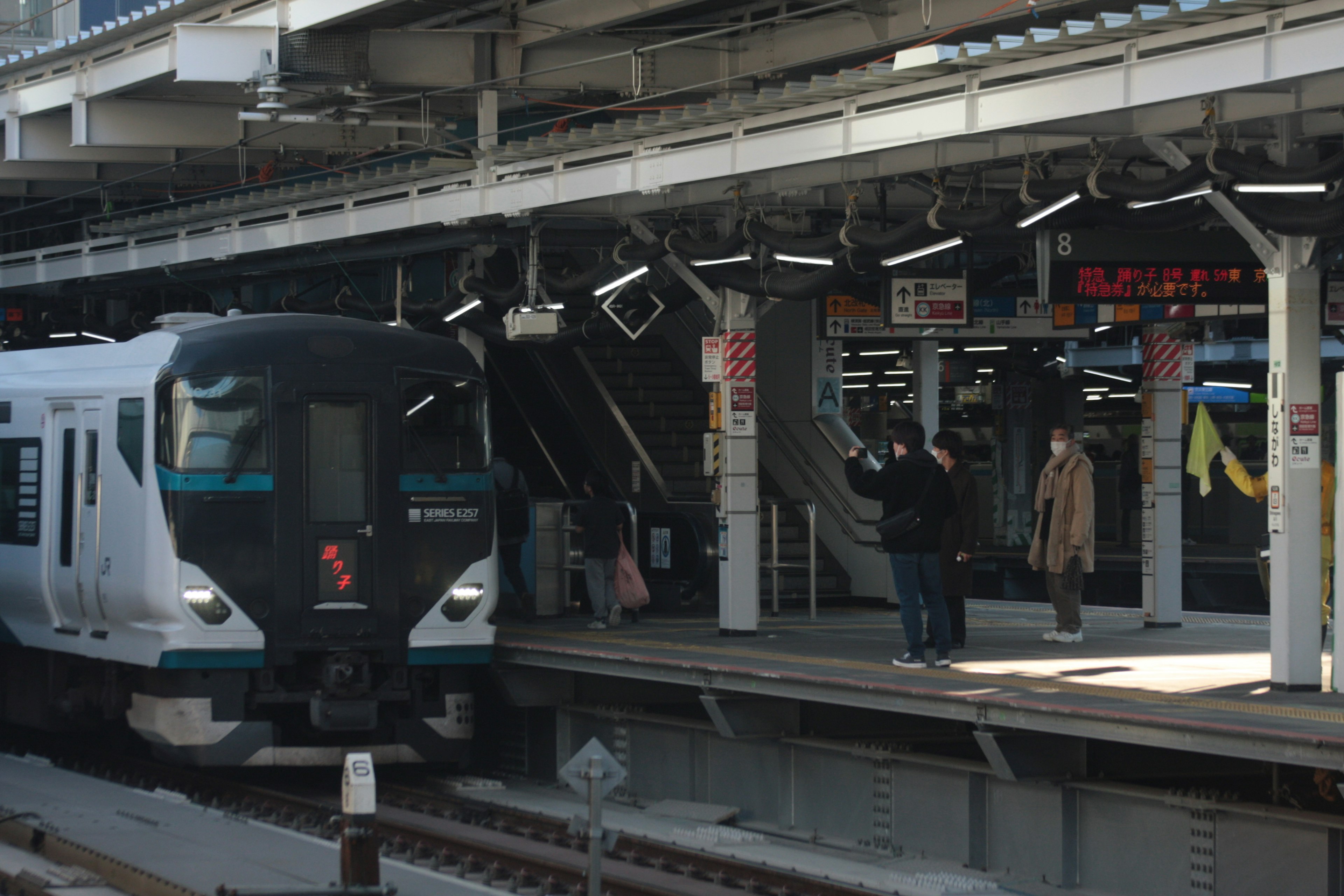 駅に停車中の列車と乗客が見えるシーン