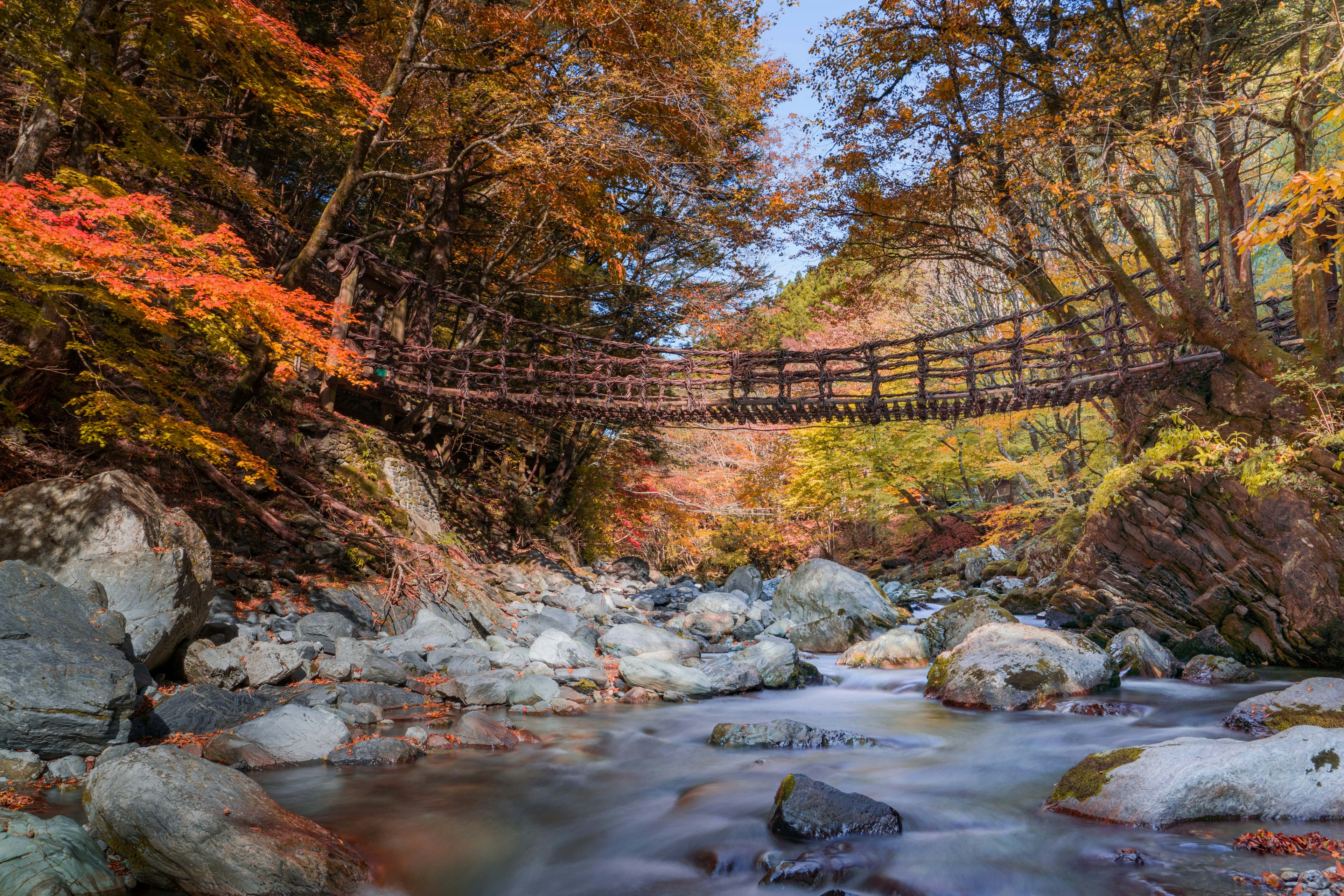 Eine malerische Herbstlandschaft mit einer Holzbrücke über einem fließenden Fluss