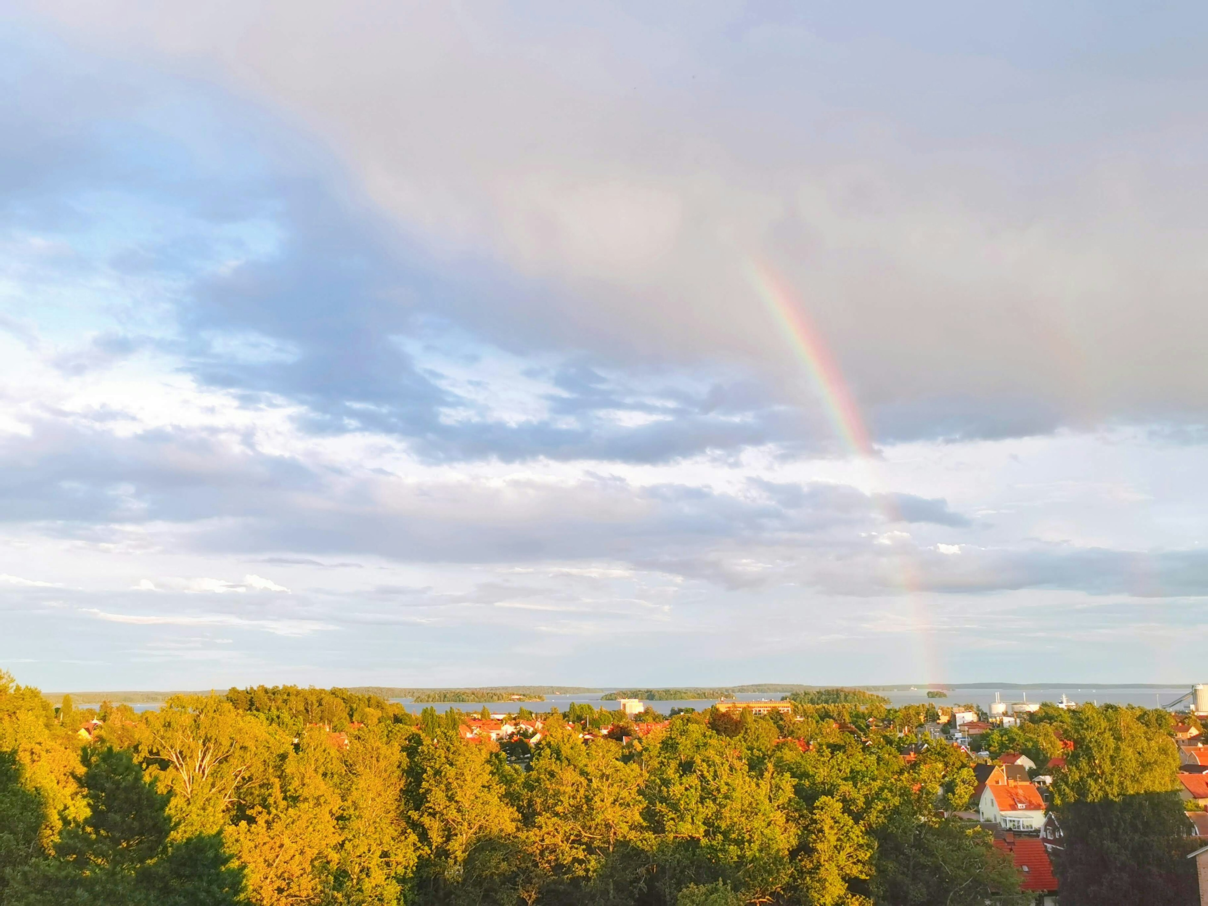 Paysage magnifique avec un arc-en-ciel contre un ciel bleu