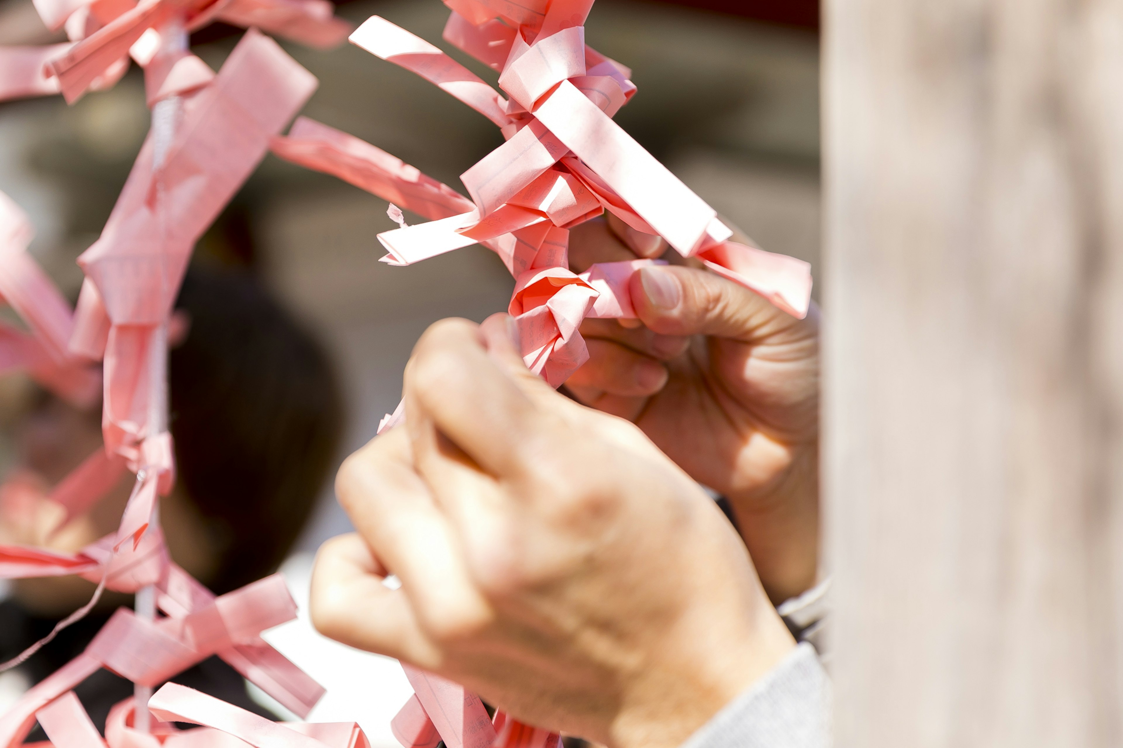 Primer plano de manos atando cintas rosas